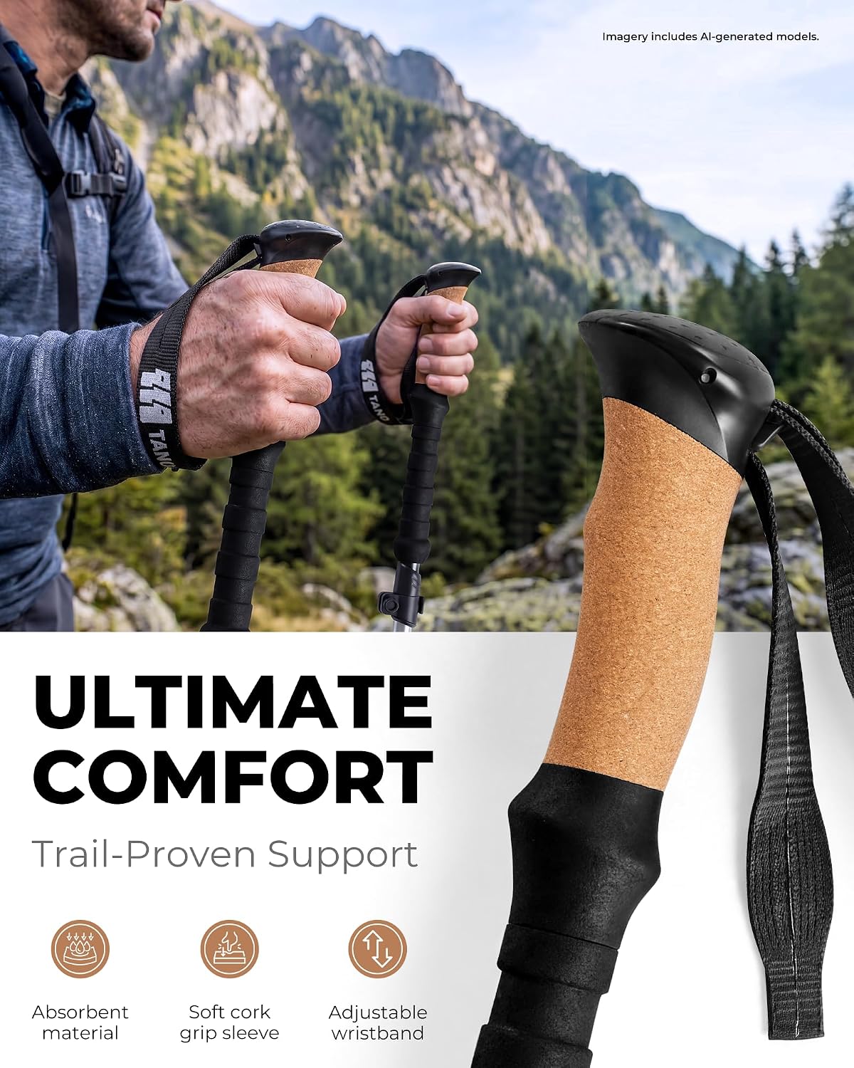 Trekking Poles for Hiking - Collapsible Lightweight 7075 Aluminum Hiking Poles (9.5 oz), Cork Grip Tri-Fold Walking Sticks for Seniors, Men & Women, Adjustable 43-53" (Set of 2)