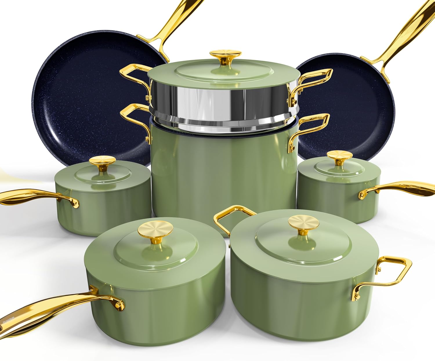 Nuwave Lux LE 13Pc Ceramic Cookware Set with Elegant Gold Handle, PFAS Free
