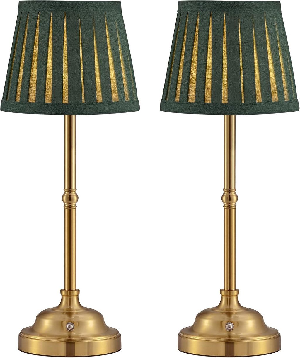 KDG Gold Cordless LED Table Lamps Set of 2, Green Fabric Shade Desk Lamps