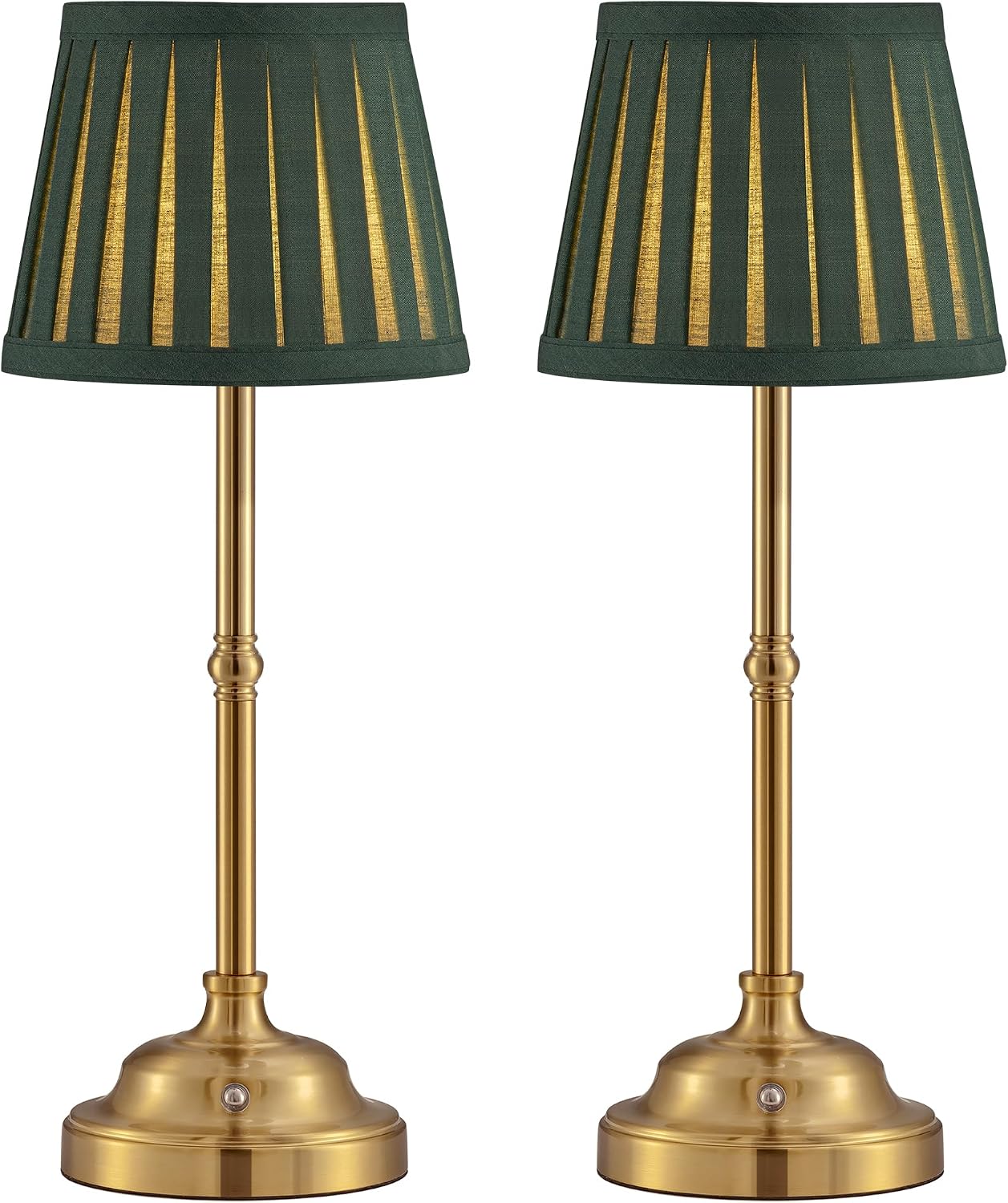 KDG Gold Cordless LED Table Lamps Set of 2, Green Fabric Shade Desk Lamps