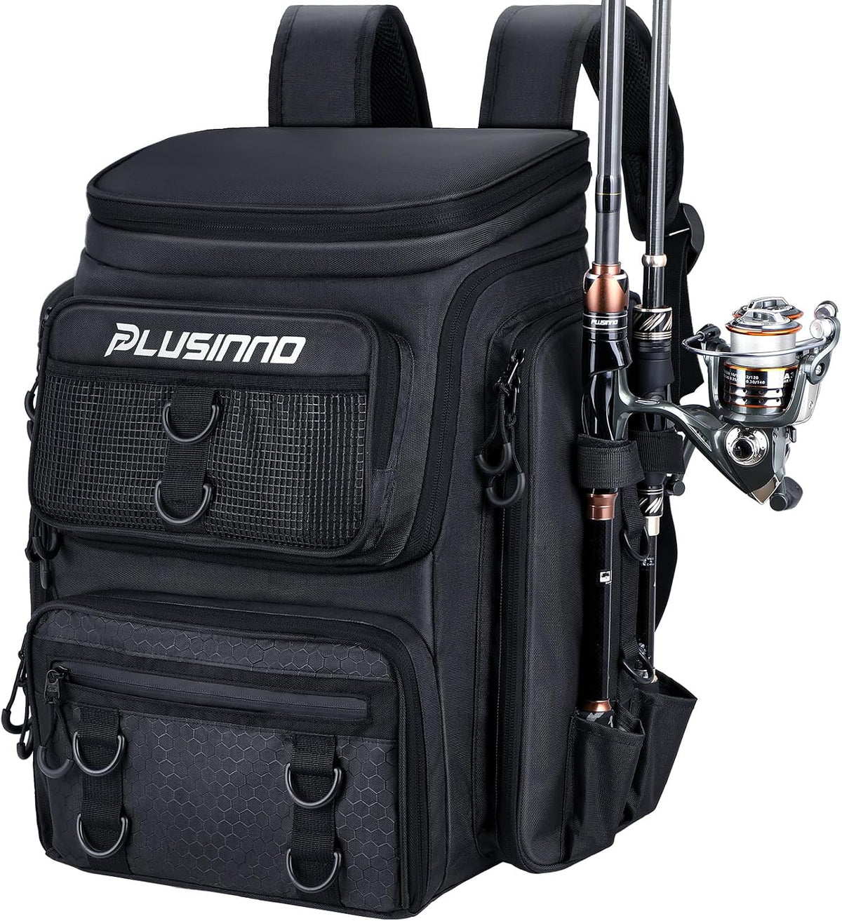 PLUSINNO Fishing Tackle Backpack with Rod Holders，42L Water-resistant Fishing Bag Store Fishing Gear,Fishing Gifts For Men.