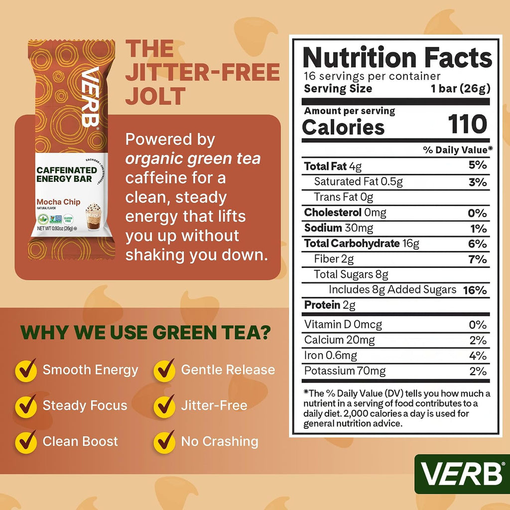 Verb Caffeinated Energy Bars Mocha Chip (26g, Pack of 16) 110 Calories