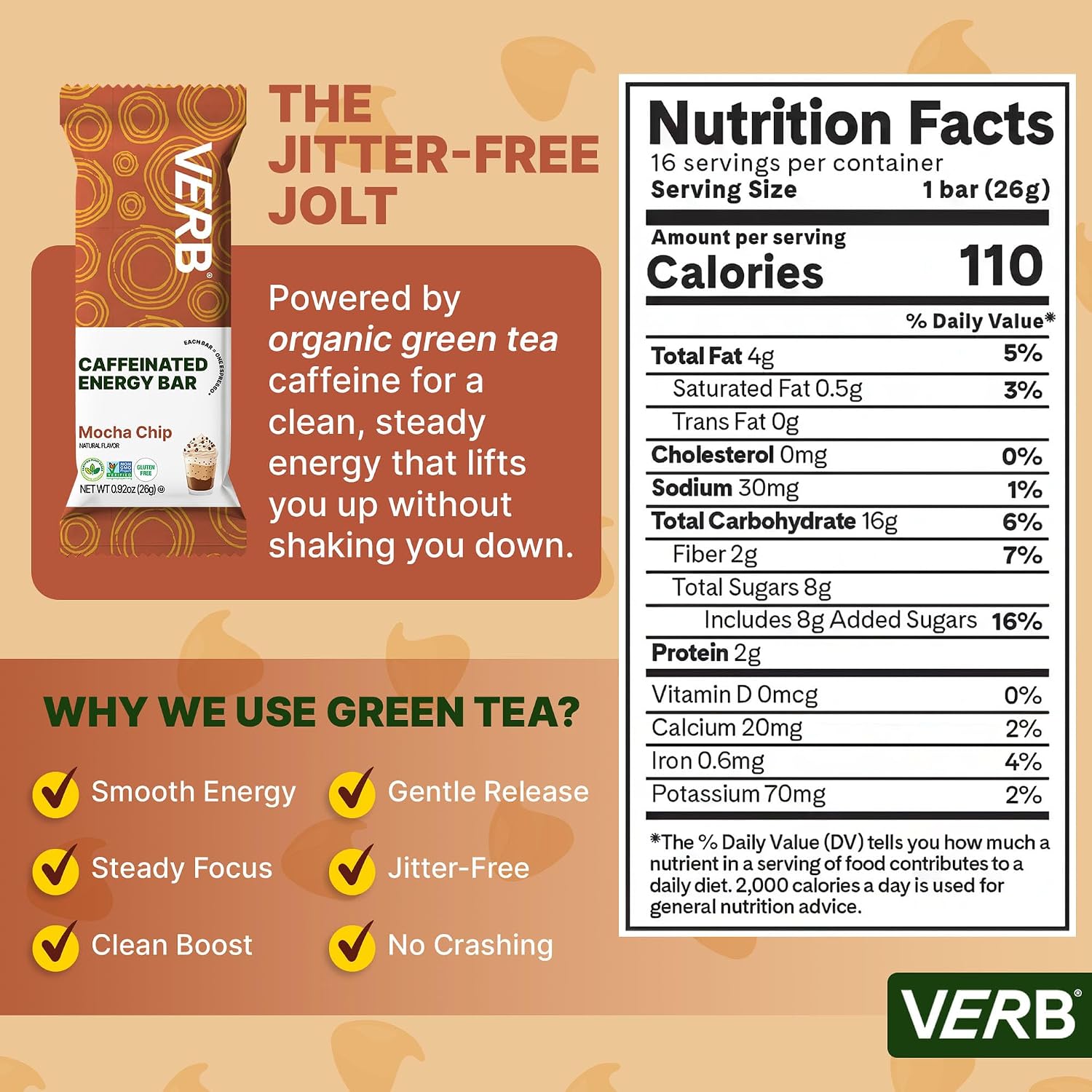 Verb Caffeinated Energy Bars Mocha Chip (26g, Pack of 16) 110 Calories