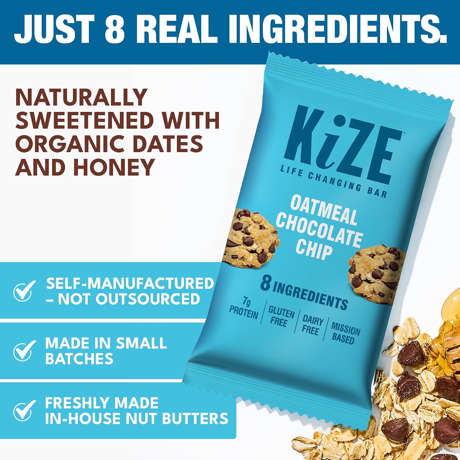 KiZE Energy Bars - Oatmeal Chocolate Chip - 20-Count - Gluten Free, Dairy Free, Non-GMO, and High Protein Meal Replacement Energy Bars, Clean and Simple Food Ingredients - 7g High Protein Snacks (20 Count)