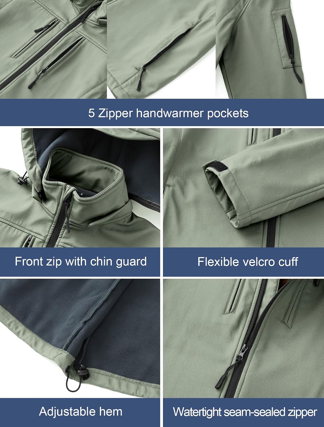 CREATMO US Men's Softshell Military Jacket With Removable Hood, Fleece Lined and Water Repellent Outdoor Reflective Coat