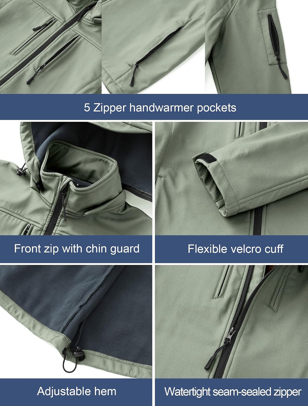 CREATMO US Men's Softshell Military Jacket With Removable Hood, Fleece Lined and Water Repellent Outdoor Reflective Coat
