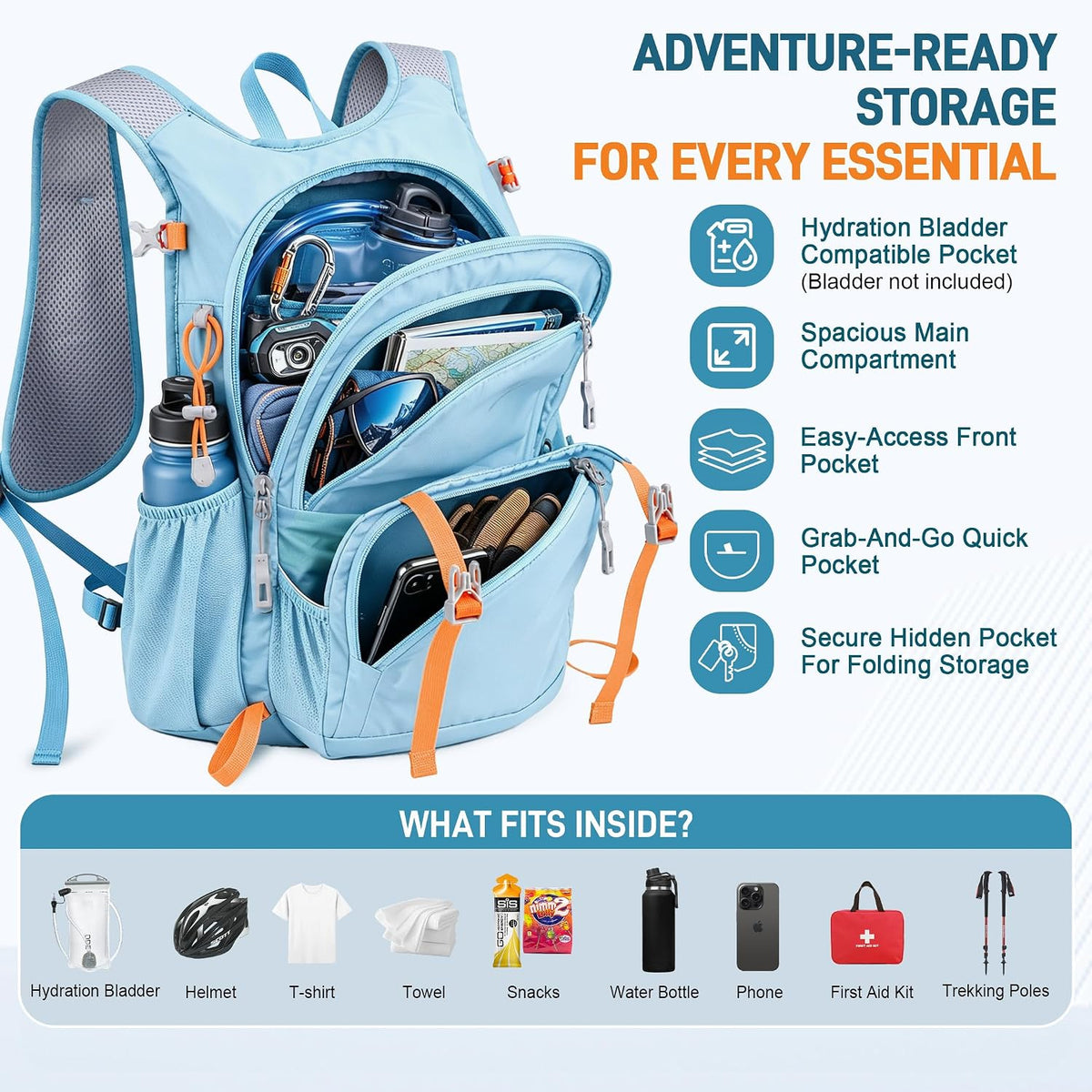 BECOJADDE 20L Hiking Backpack Lightweight Travel Backpacks Water-Resistant Daypack Fits Cycling Helmets for Men Women for Daily Outdoor Camping, Sky Blue