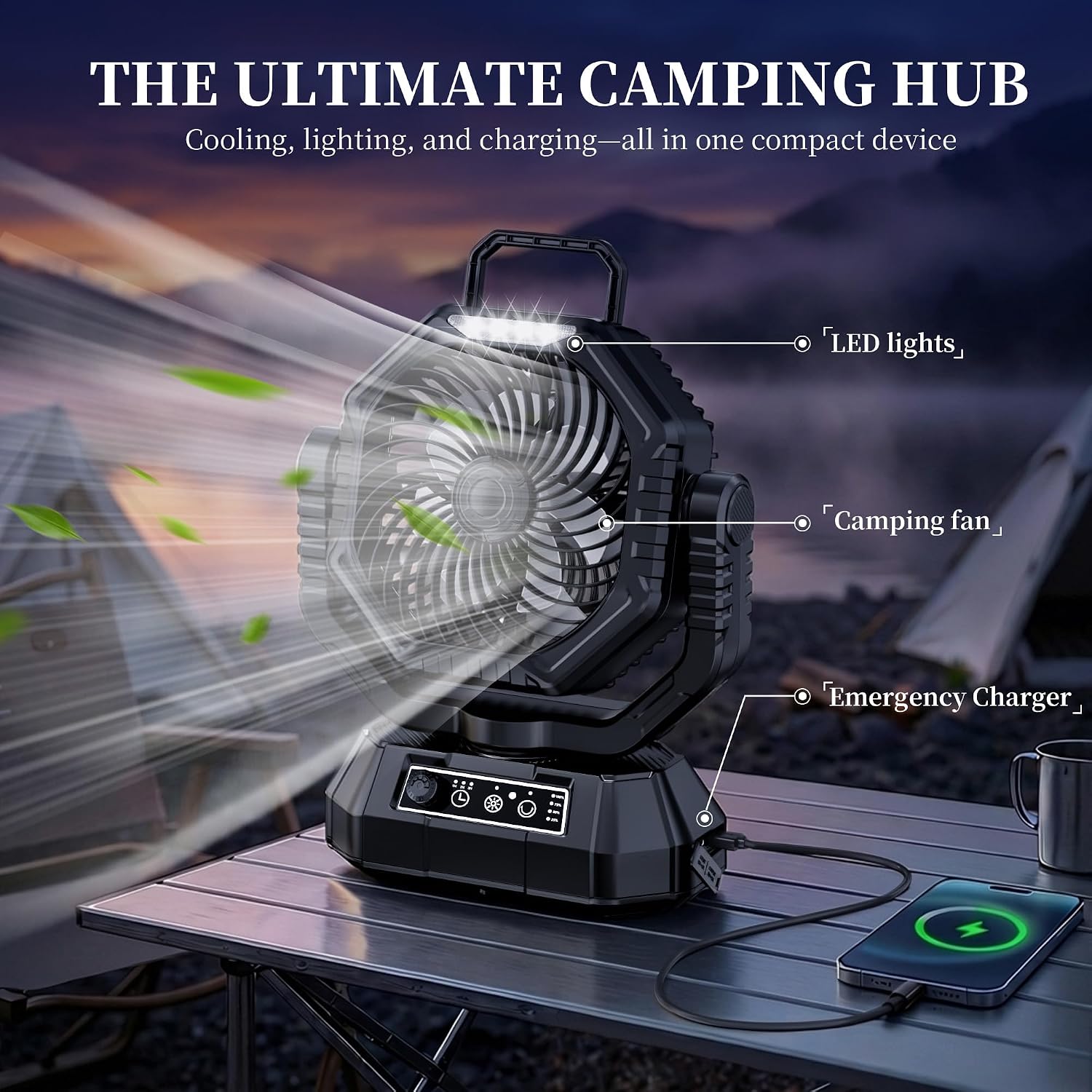 AJVV Camping Fan with Light, Remote and Oscillation, Battery Powered Hanging Tent Fan, Rechargeable Portable for Camp, Outdoor, Emergencies, Fishing, RV Travel, Jobsite