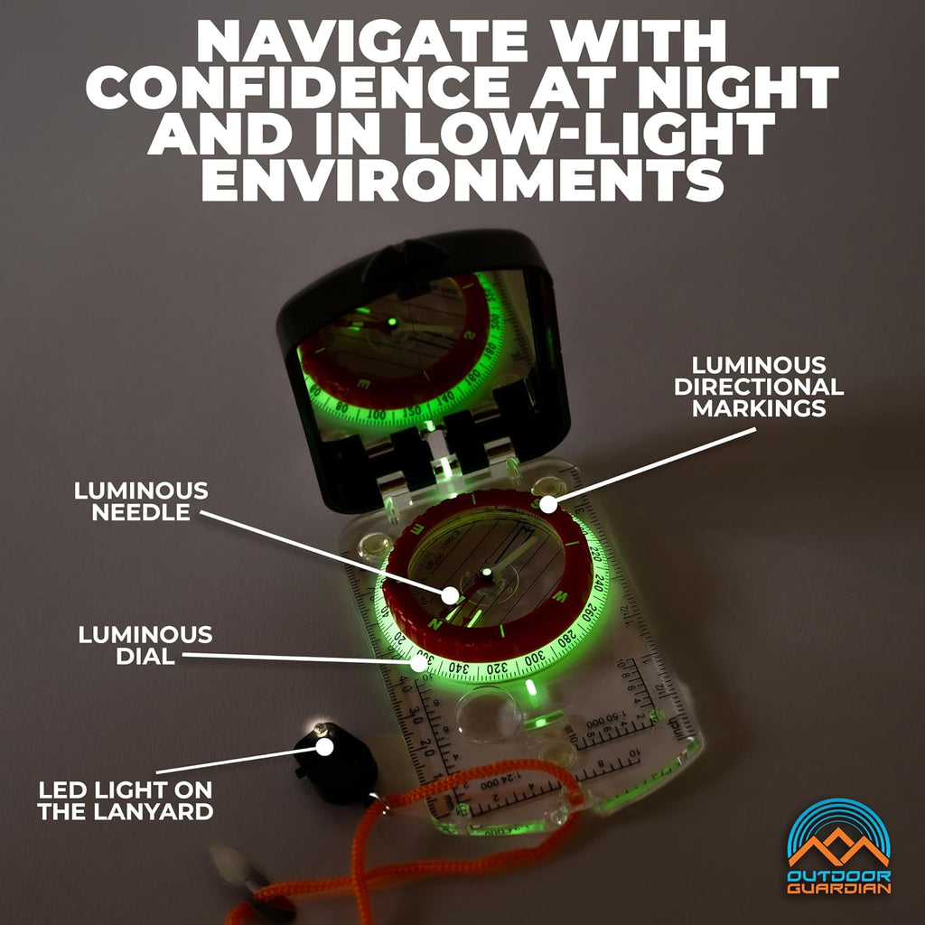 Pathfinder Sighting Compass - Precise Navigation, Hiking and Orienteering Mirror Compass with Luminous Bezel, Adjustable Declination, Clinometer, LED and Survival Whistle, Scout Gifts