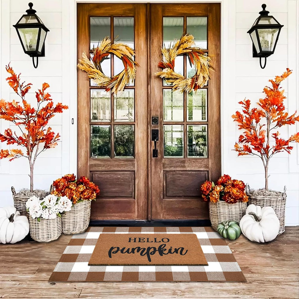 Homydecor Buffalo Plaid Outdoor Rugs, 28'' x 43'' Coffe and White Checkered Area Rug, Layering Rug for Hello/Welcome Door Mat, Washable Cotton Woven Farmhouse Mat for Front Porch Décor