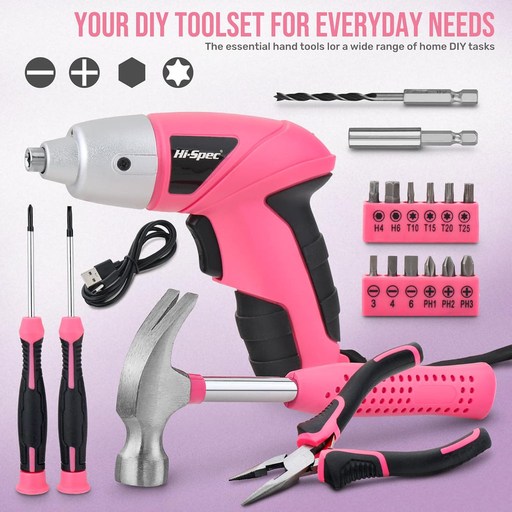 Hi-Spec 3.6V Cordless Electric Screwdriver and Tool Kit for DIY, Pink