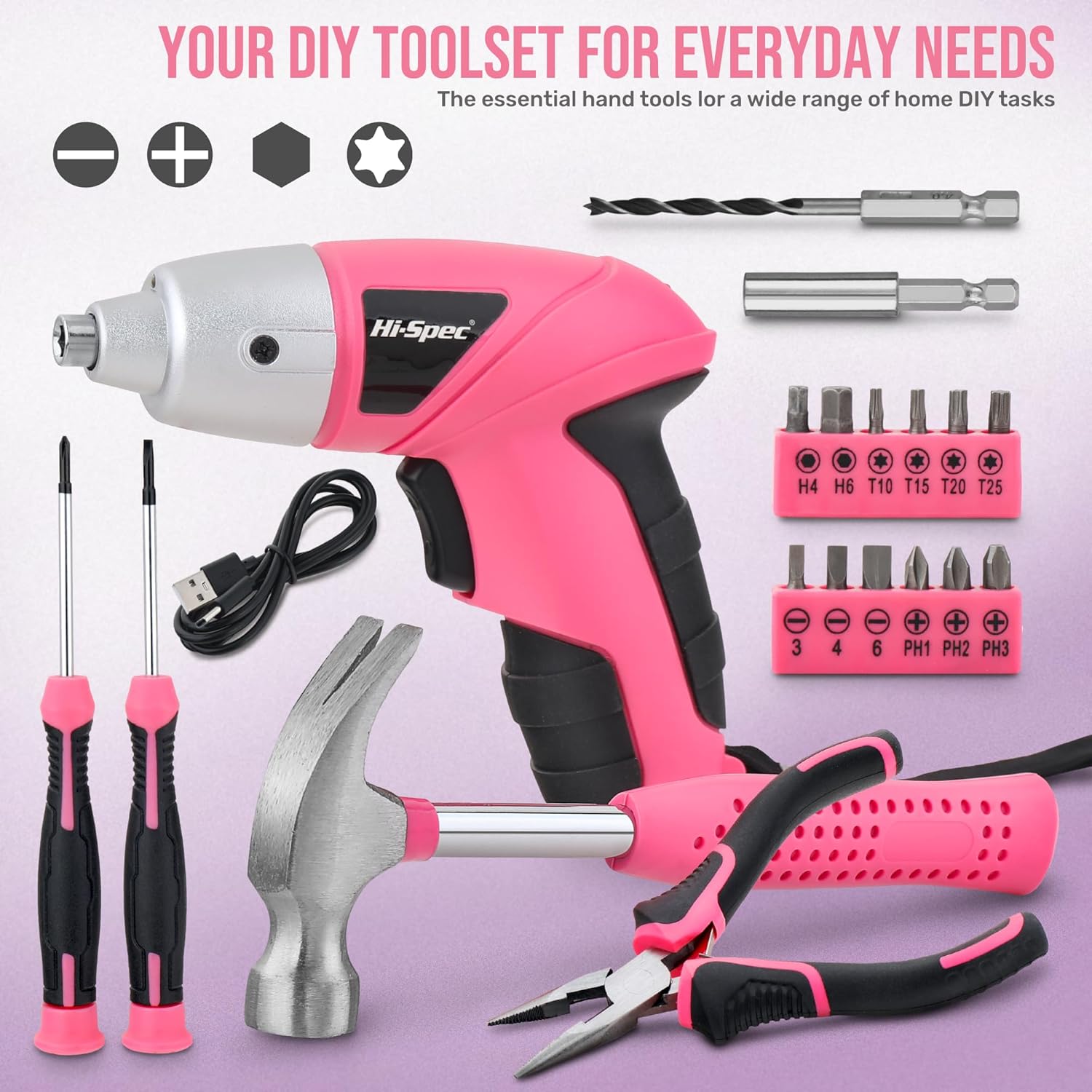Hi-Spec 3.6V Cordless Electric Screwdriver and Tool Kit for DIY, Pink