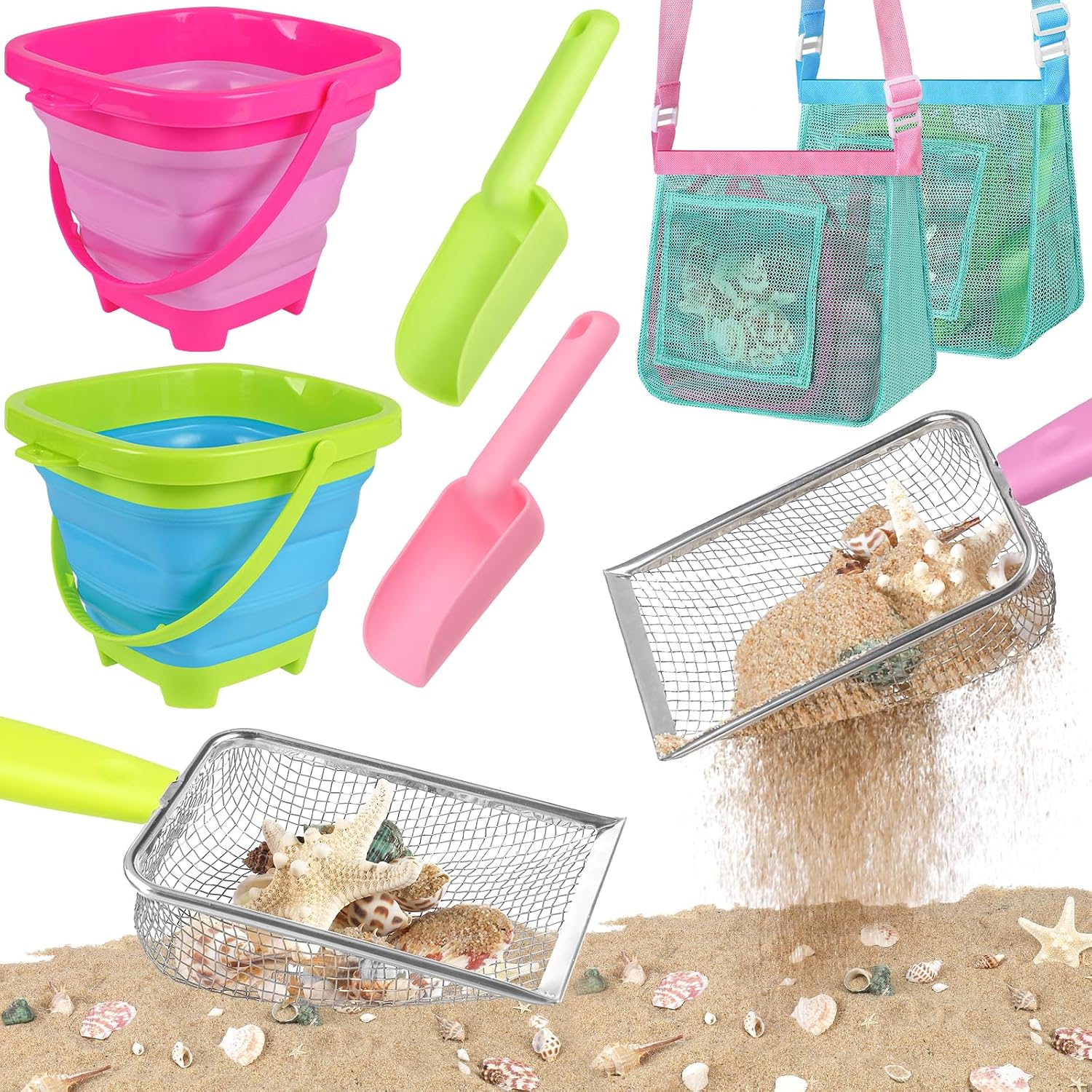 FHOZGECY 2 Pack Beachcombing Kit with Sifters for Beach Vacation Essentials | Collapsible Buckets, Stainless Mesh Sifters, Scoops and Mesh Bags for Shelling, Outdoor Exploration Play for Kids Ages 3-12