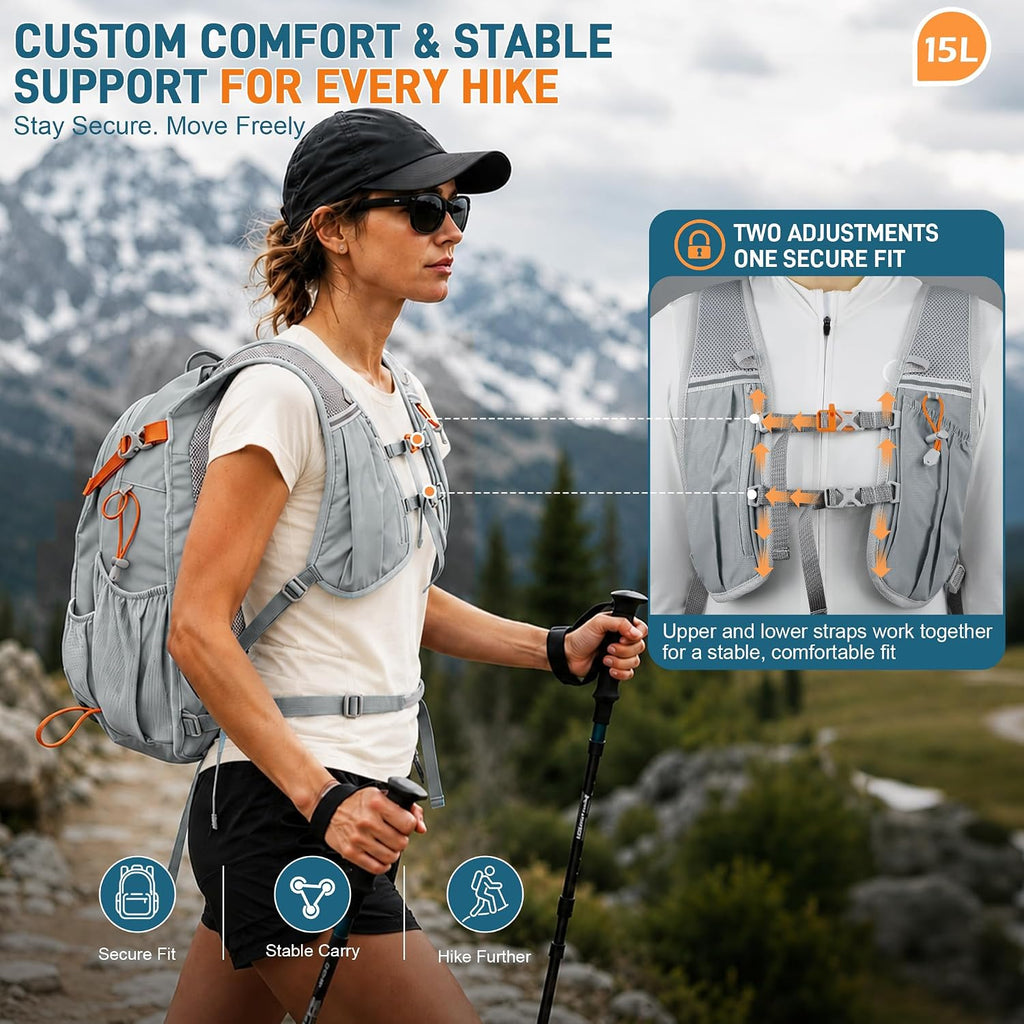 BECOJADDE 15L Hiking Backpack Lightweight Travel Backpacks Water-Resistant Daypack Fits Cycling Helmets for Men Women for Daily Outdoor Camping, Mist Gray