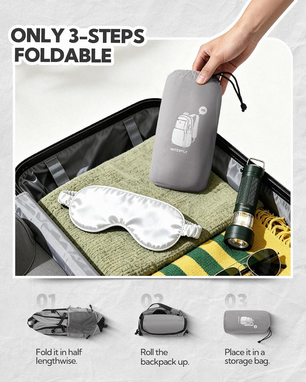 WATERFLY Packable Hiking Backpack, 20L Small Lightweight Foldable Daypack