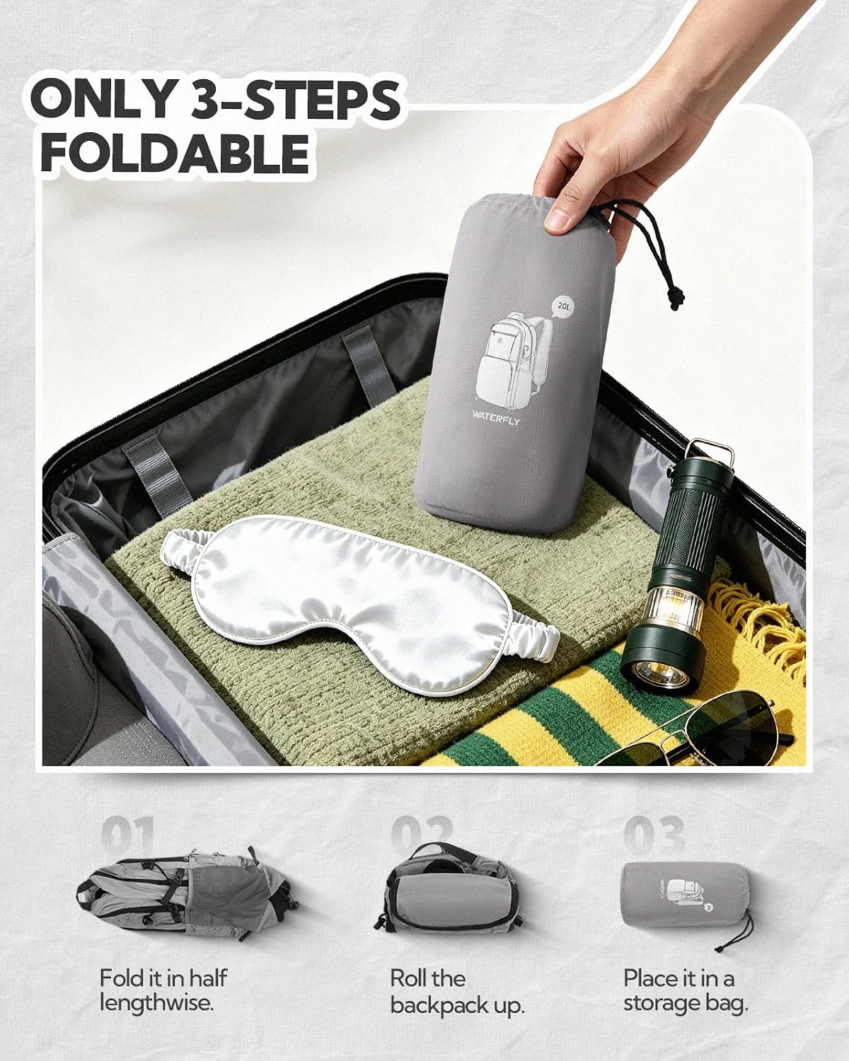 WATERFLY Packable Hiking Backpack, 20L Small Lightweight Foldable Daypack