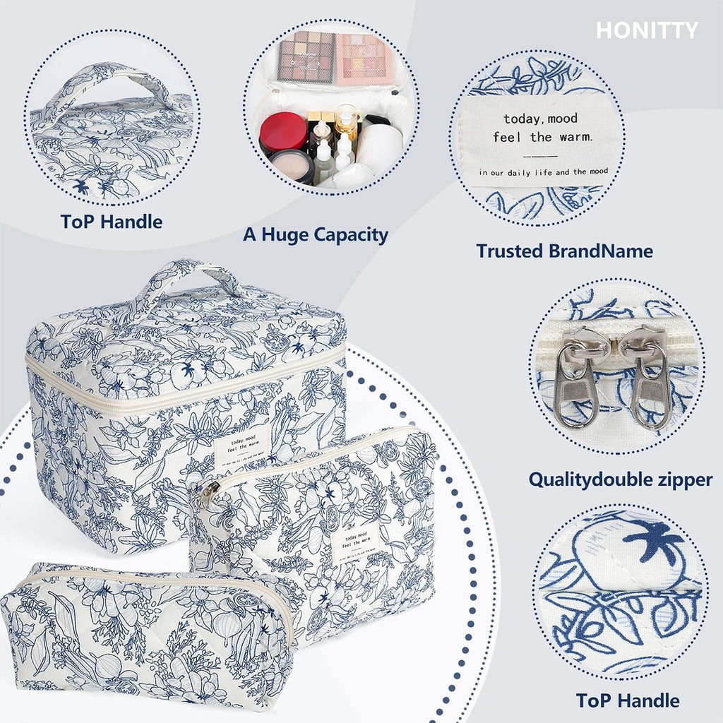 honitty Makeup Bag,Quilted Cosmetic Bags,Large Floral Make Up Organize bag,Makeup Bag Set for Women,Flower Travel Toiletry Bag