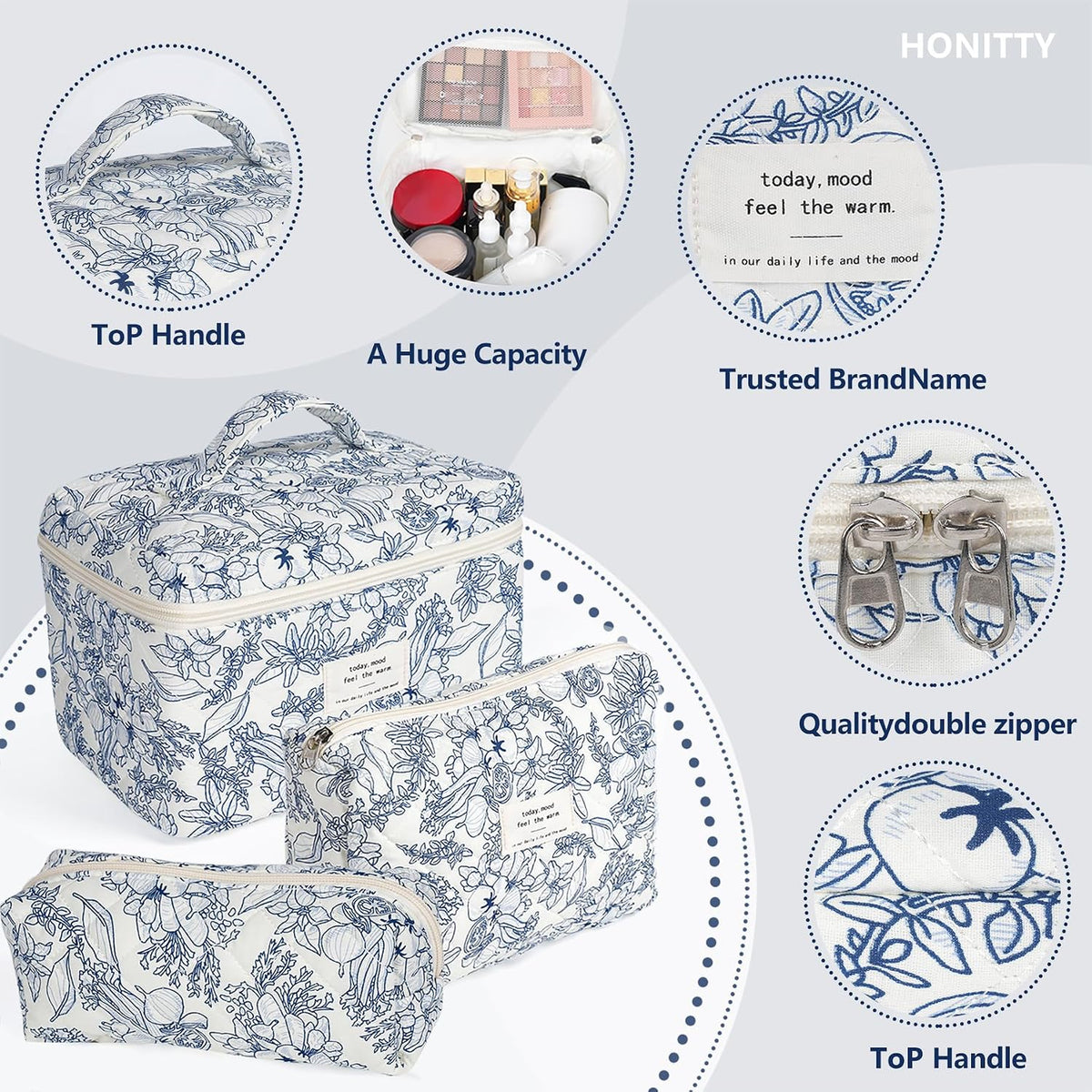 honitty Makeup Bag,Quilted Cosmetic Bags,Large Floral Make Up Organize bag,Makeup Bag Set for Women,Flower Travel Toiletry Bag