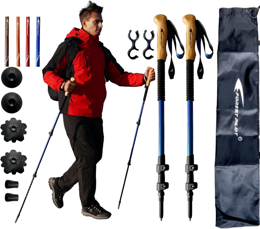 FOREST PILOT Trekking Poles - Lightweight 7075 Aluminum with Flip Lock & All Terrain Accessories - Pair of 2 Walking Sticks for Hiking with EVA or Beech Wood Grip