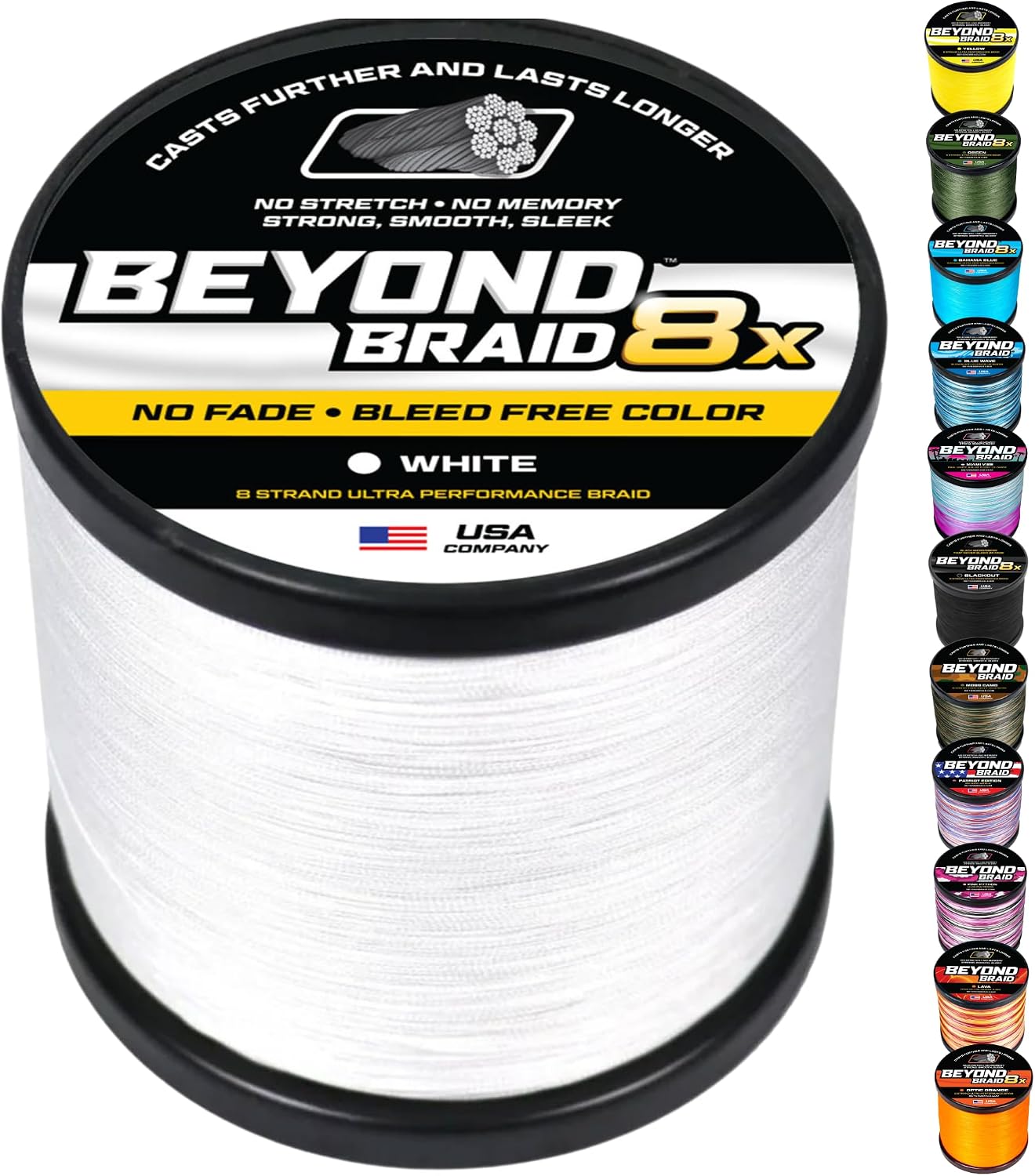 Beyond Braid Braided Fishing Line -Super Strong - Abrasion Resistant - No Stretch -Blue Camo, Moss Camo, White, Green, Pink, Blue, 4 Strand 8 Strand