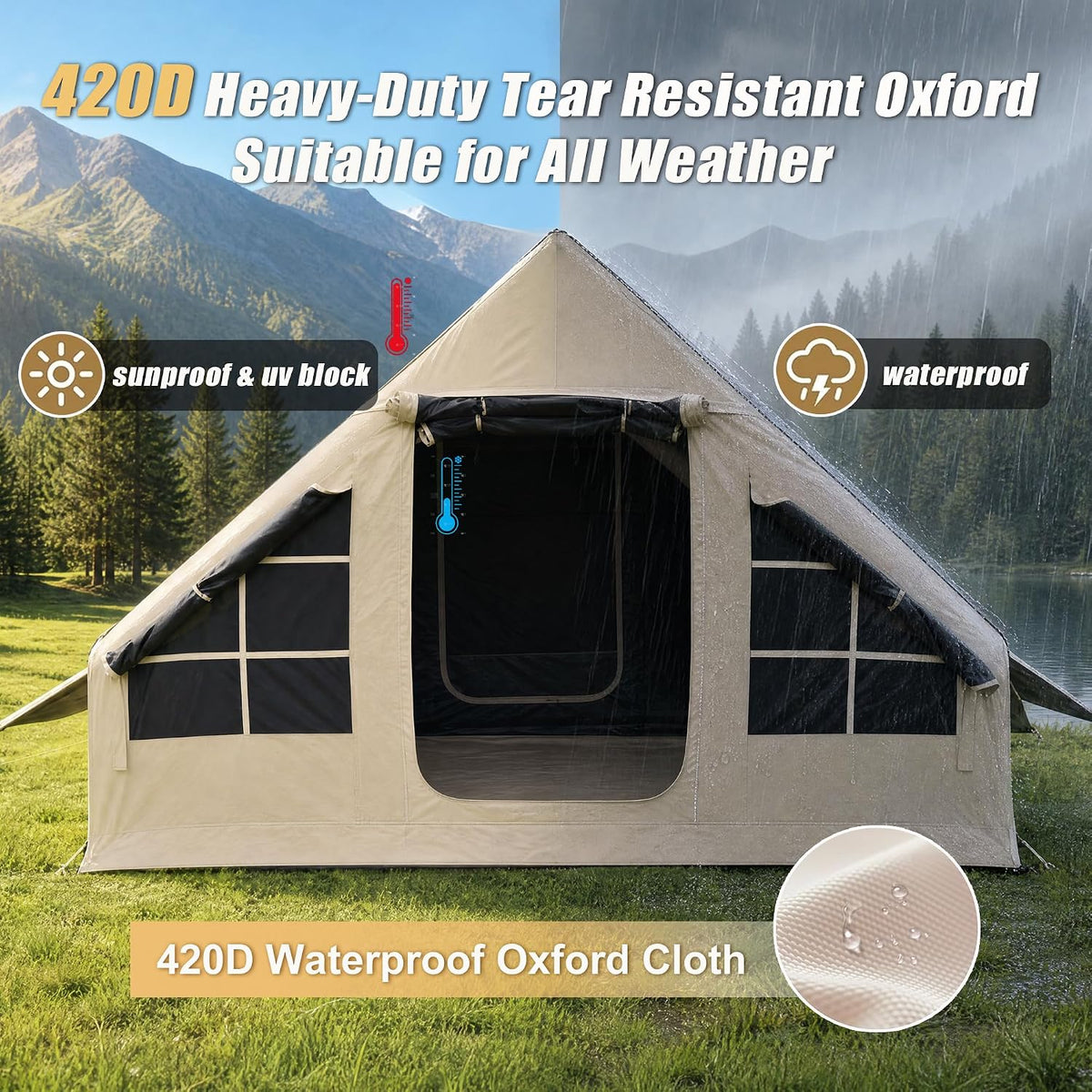Inflatable Tent for 4-Season Camping, Blow up Glamping Tent for 4-6 Person