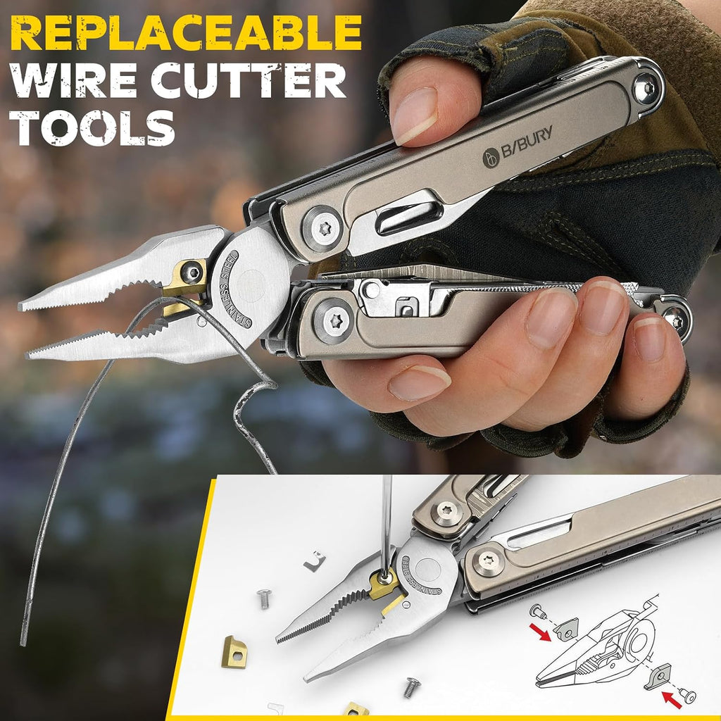 BIBURY Titanium Alloy Multitool with Damascus Knife & Scissors, BI2049TI