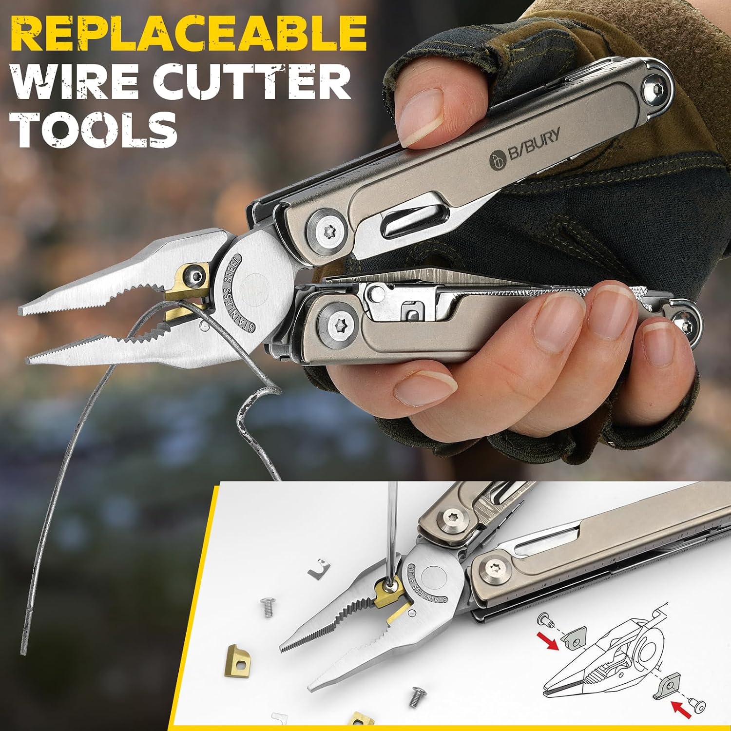 BIBURY Titanium Alloy Multitool with Damascus Knife & Scissors, BI2049TI