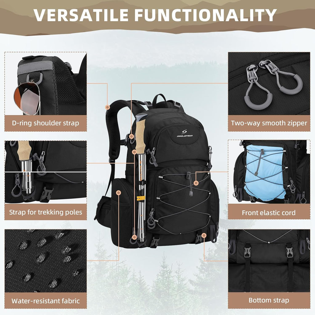 Maelstrom 40L Waterproof Hiking Backpack, Lightweight Travel Daypack | Rain Cover,Hydration-Ready, Tripod Straps, Load Compression, Survival Whistle, Perfect For Men, Women,Camping,Travel