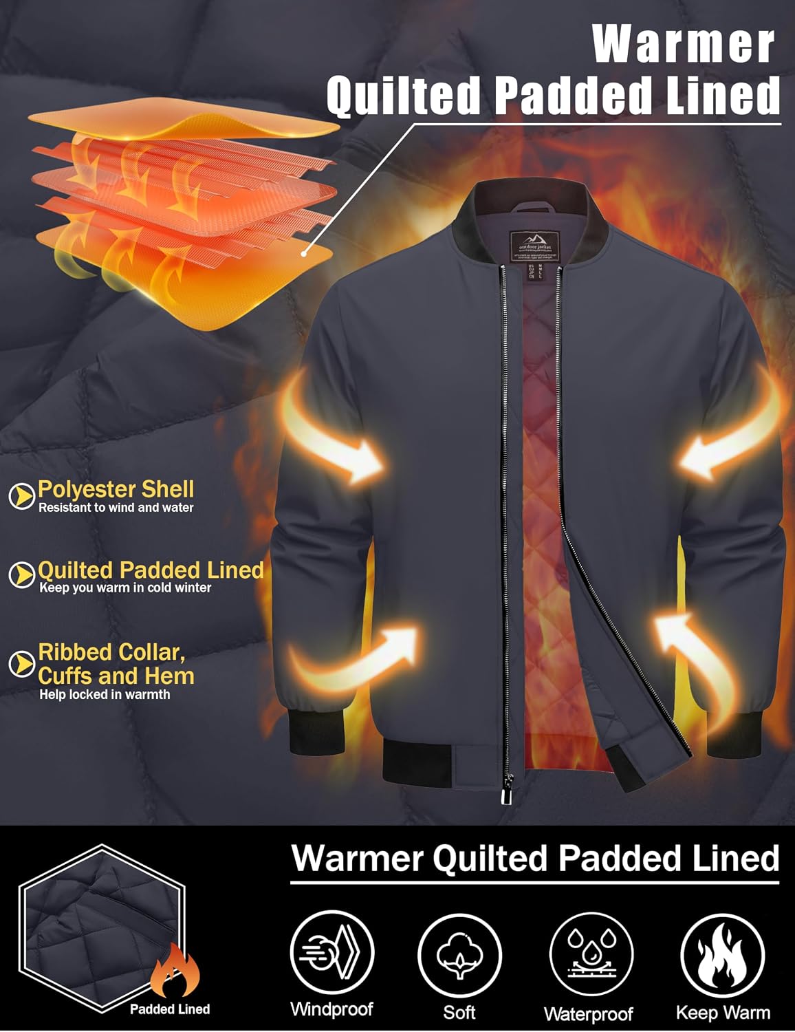 Cotrasen Men's Bomber Jacket Fall Winter Windbreaker Warm Quilted Coats