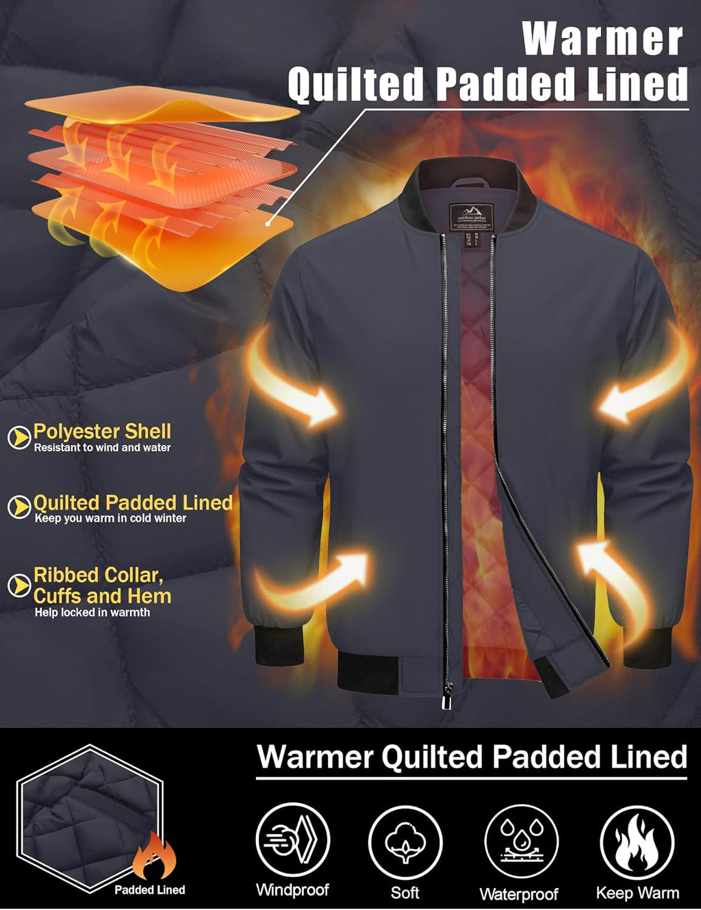 Cotrasen Men's Bomber Jacket Fall Winter Windbreaker Warm Quilted Coats