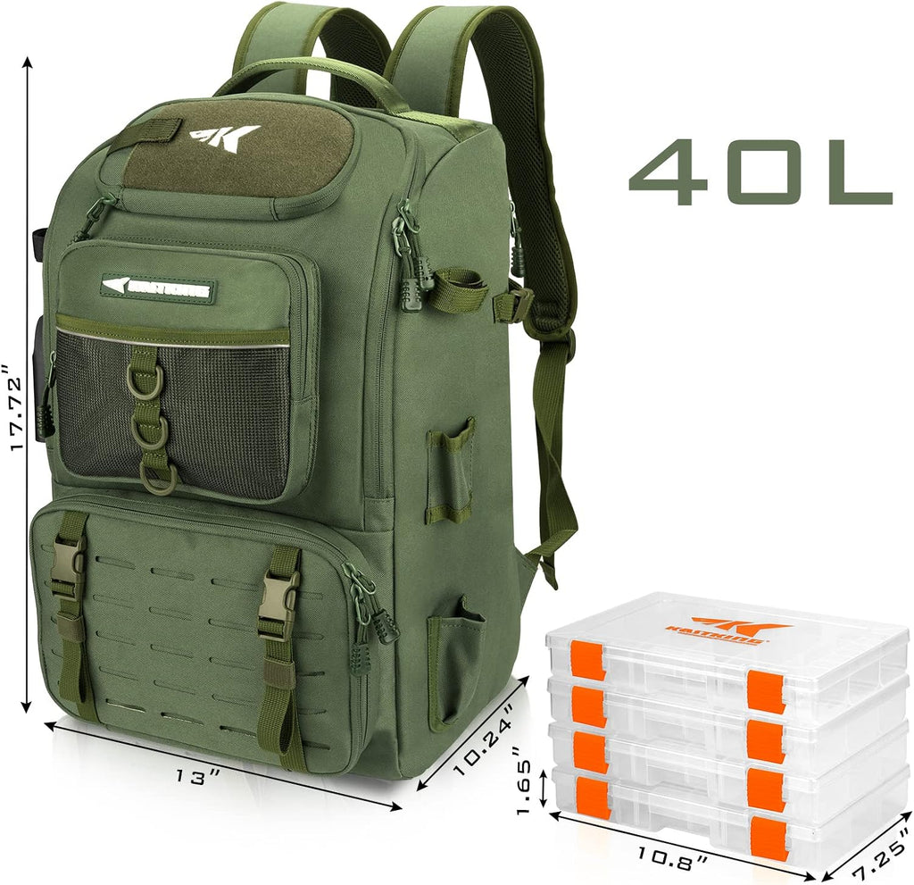 KastKing KarryAll Fishing Backpack with Rod Holder 4 Tackle Boxes, 40/26L