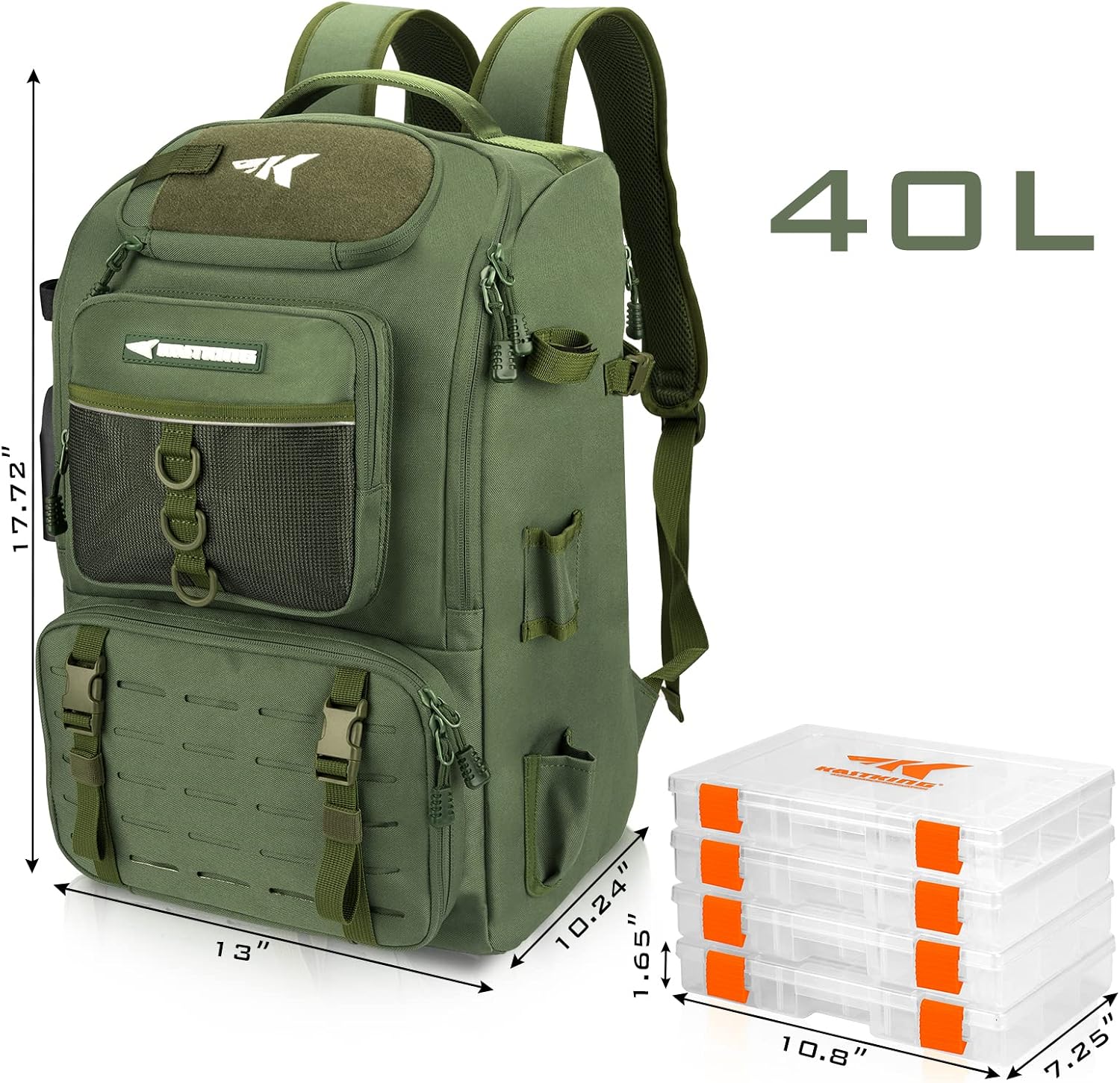 KastKing KarryAll Fishing Backpack with Rod Holder 4 Tackle Boxes, 40/26L