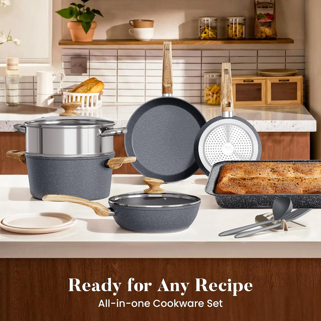 Kitchen Academy Granite Pots and Pans Set Non Stick, Induction Cookware