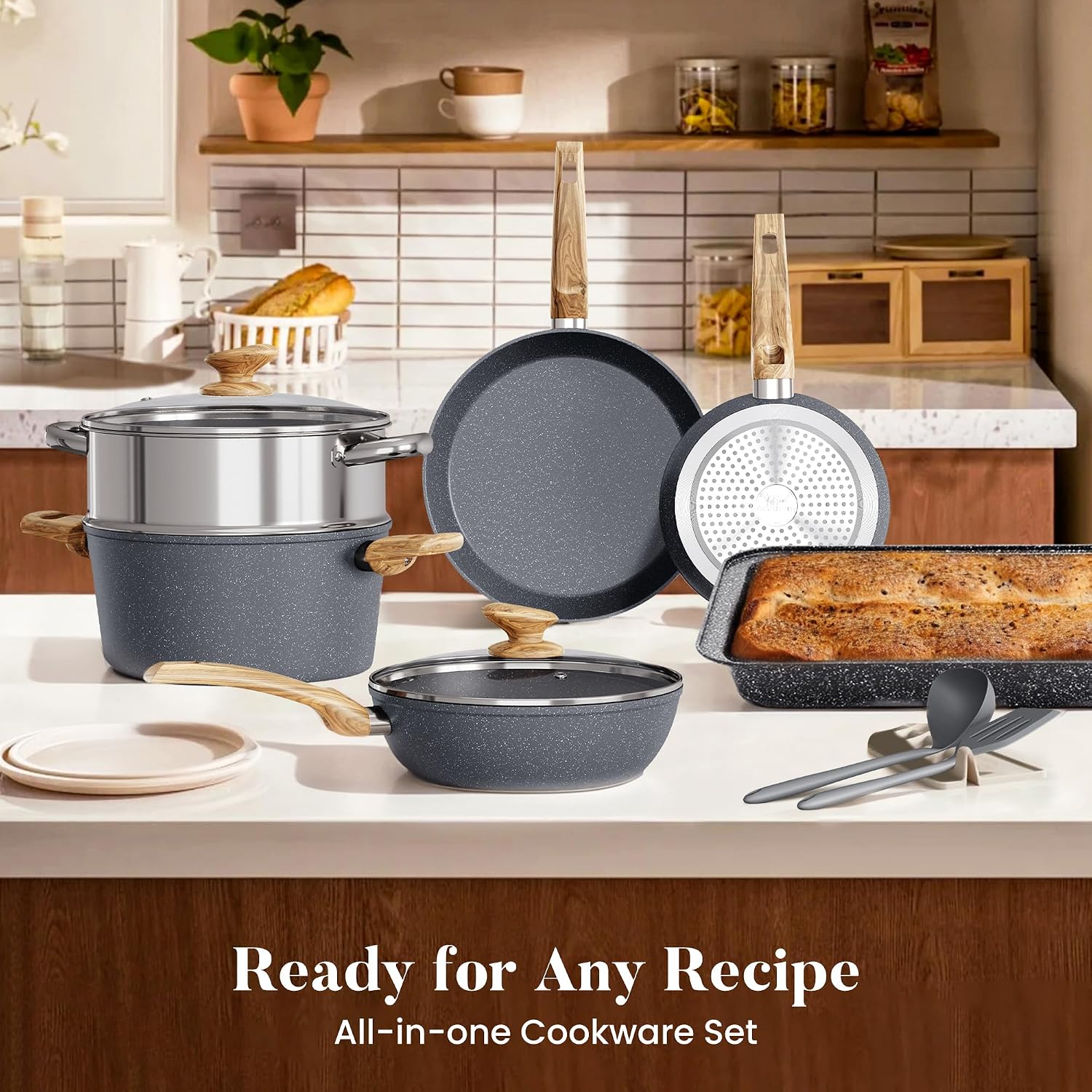 Kitchen Academy Granite Pots and Pans Set Non Stick, Induction Cookware