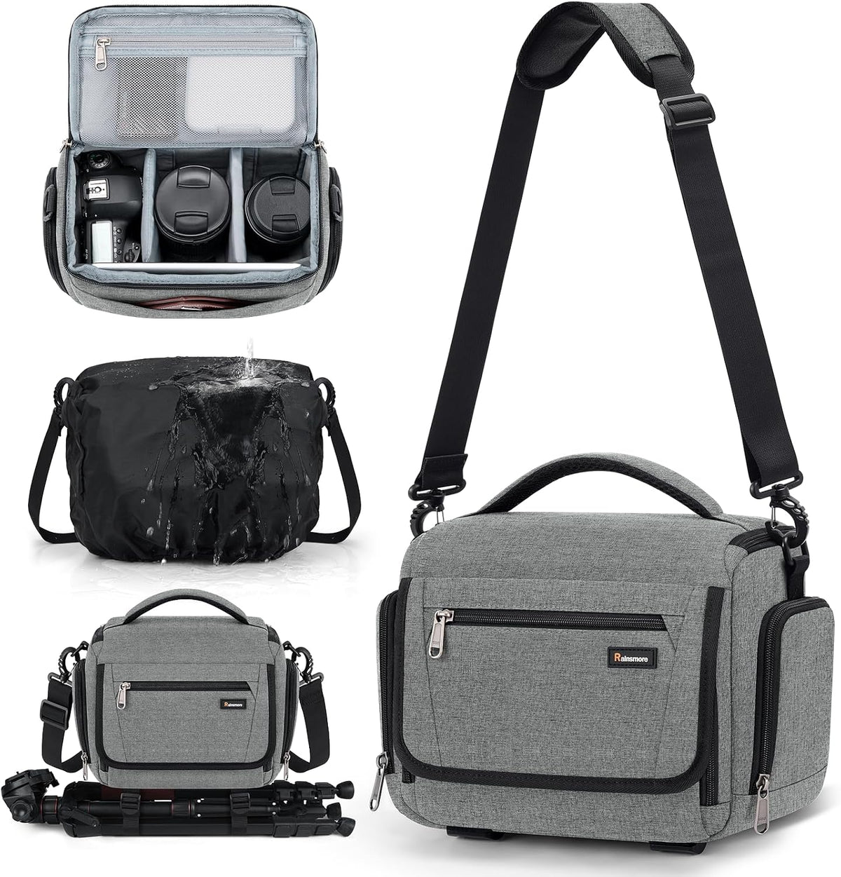 RAINSMORE Waterproof Camera Bag with Tripod Holder for Canon, Sony, Nikon, and Fujifilm – Small Sling Camera Case for Photographers, Grey