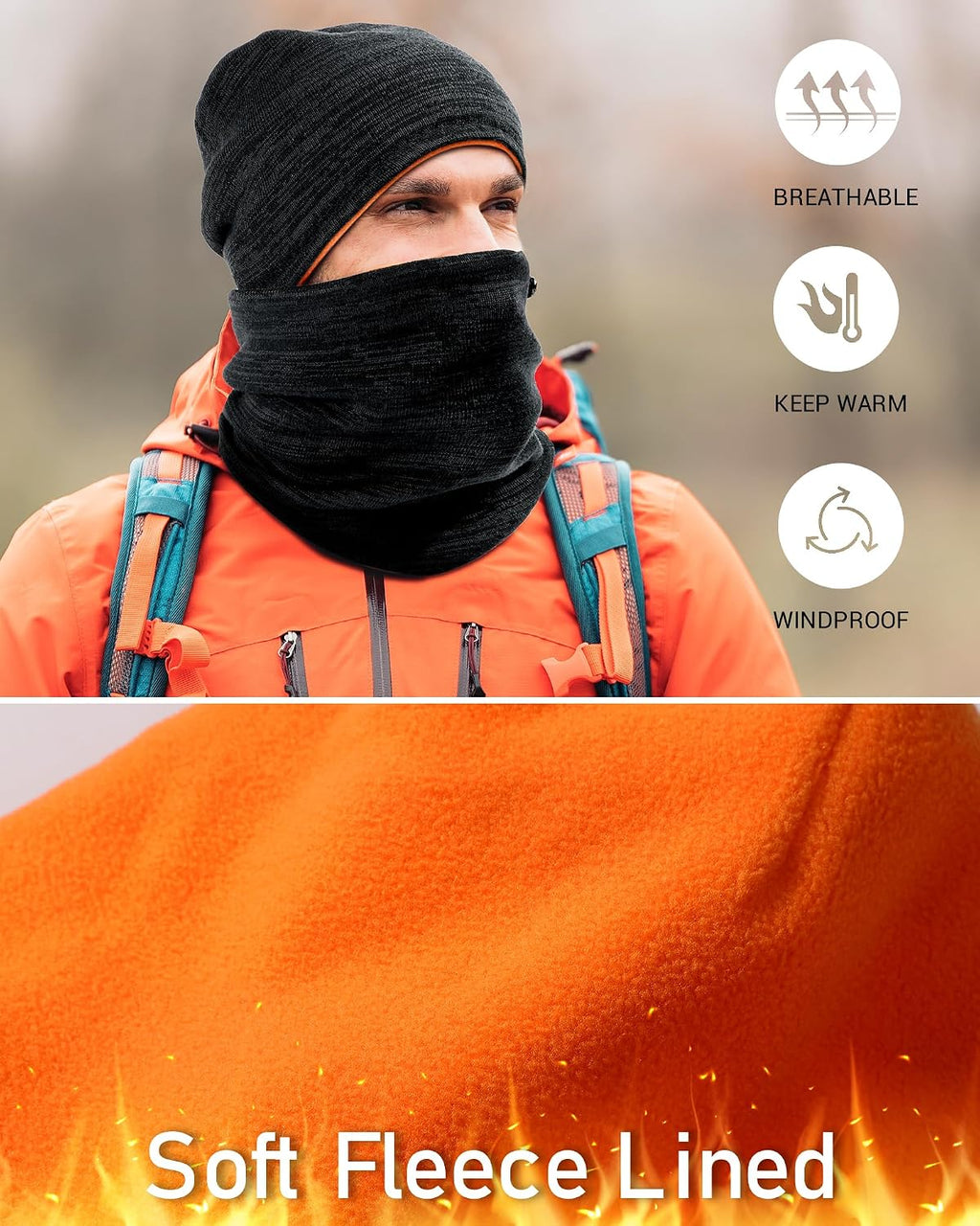 Winter Beanie Hat Scarf Set for Men Women Fleece Lined Warm Windproof Ski