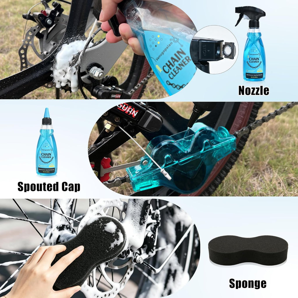 Bike Cleaning Kit Including Bicycle Chain Cleaner Degreaser, Chain Scrubber, Cycling Chain Lube, Cleaning Brush Tool, Gear Floss for Mountain Bike/MTB, Road Bike, Ebike and Trail Bikes