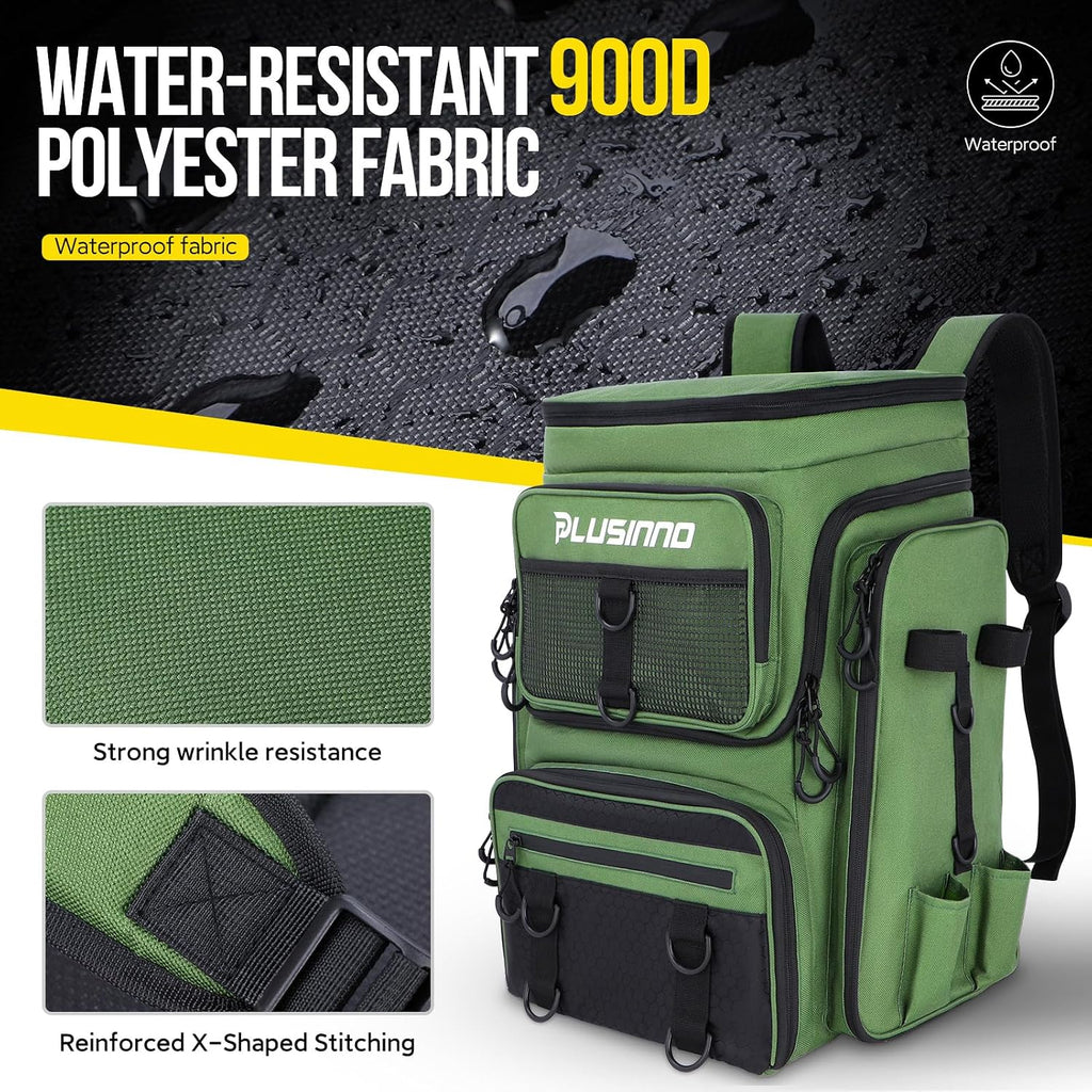 PLUSINNO Fishing Backpack with Rod Holders 4 Tackle Boxes, 42L Large Water-Resistant Fish Tackle Bag Store Fishing Gear, Camping, Hiking Gifts for Men Father, Green
