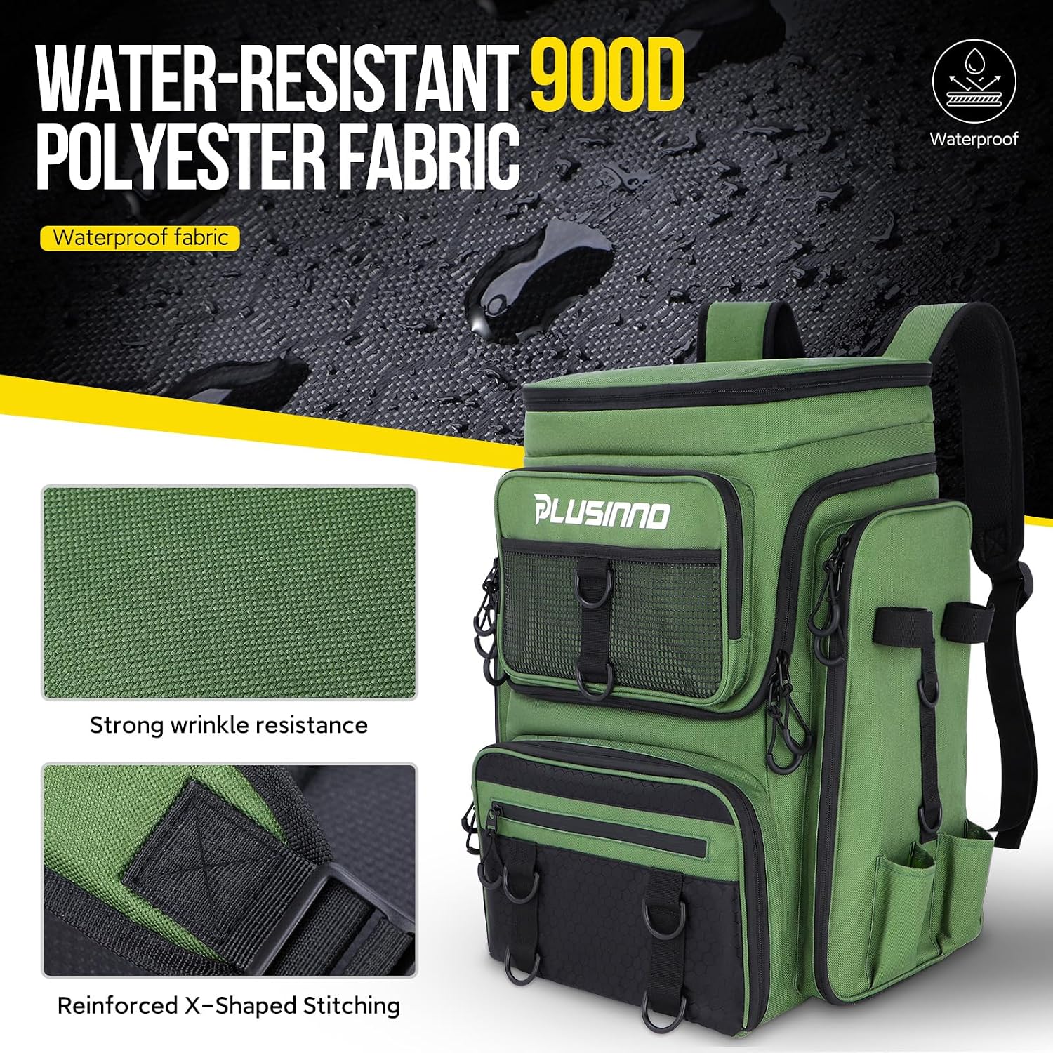 PLUSINNO Fishing Backpack with Rod Holders 4 Tackle Boxes, 42L Large Water-Resistant Fish Tackle Bag Store Fishing Gear, Camping, Hiking Gifts for Men Father, Green