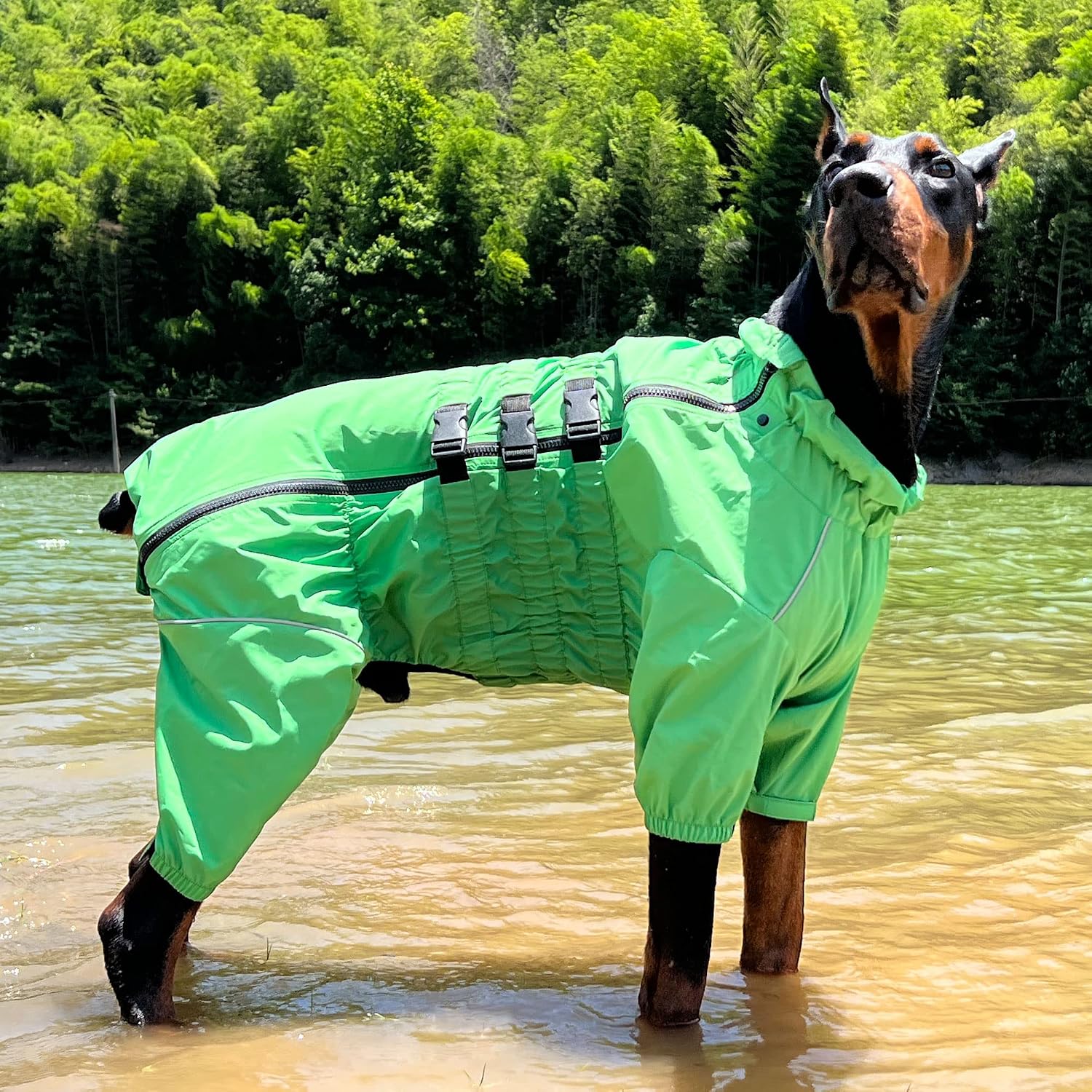 Lovelonglong Waterproof Dog Raincoat – 4-Leg Full Body Dog Rain Suit with Reflective Strips & Leash Opening, Outdoor Dog Jacket for Rainy Weather