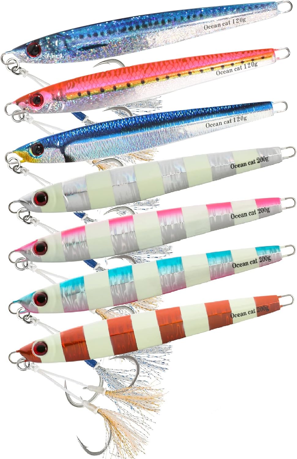 OCEAN CAT 1 PC Slow Fall Pitch Fishing Lures Sinking Lead Metal Flat Jigs Jigging Baits with Hook for Saltwater Fishing 4 Colors 160G/200G