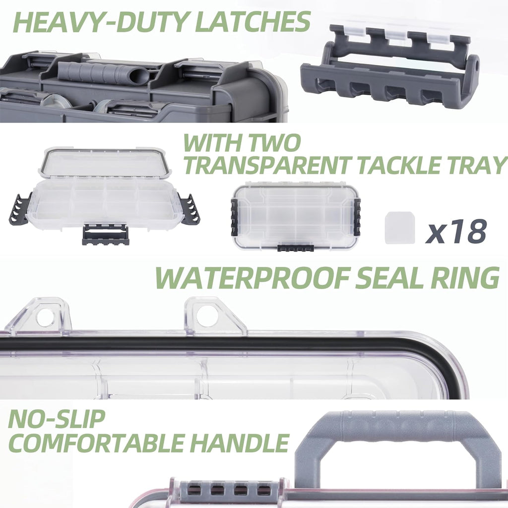 RUNCL Universal Fishing Tackle Box with Two Small Tackle Tray, Removal Inside Design Waterproof Trunk Storage Box, Thicker Floating Airtight Stowaway, Xmas Surprise Fishing Gifts for Men Women