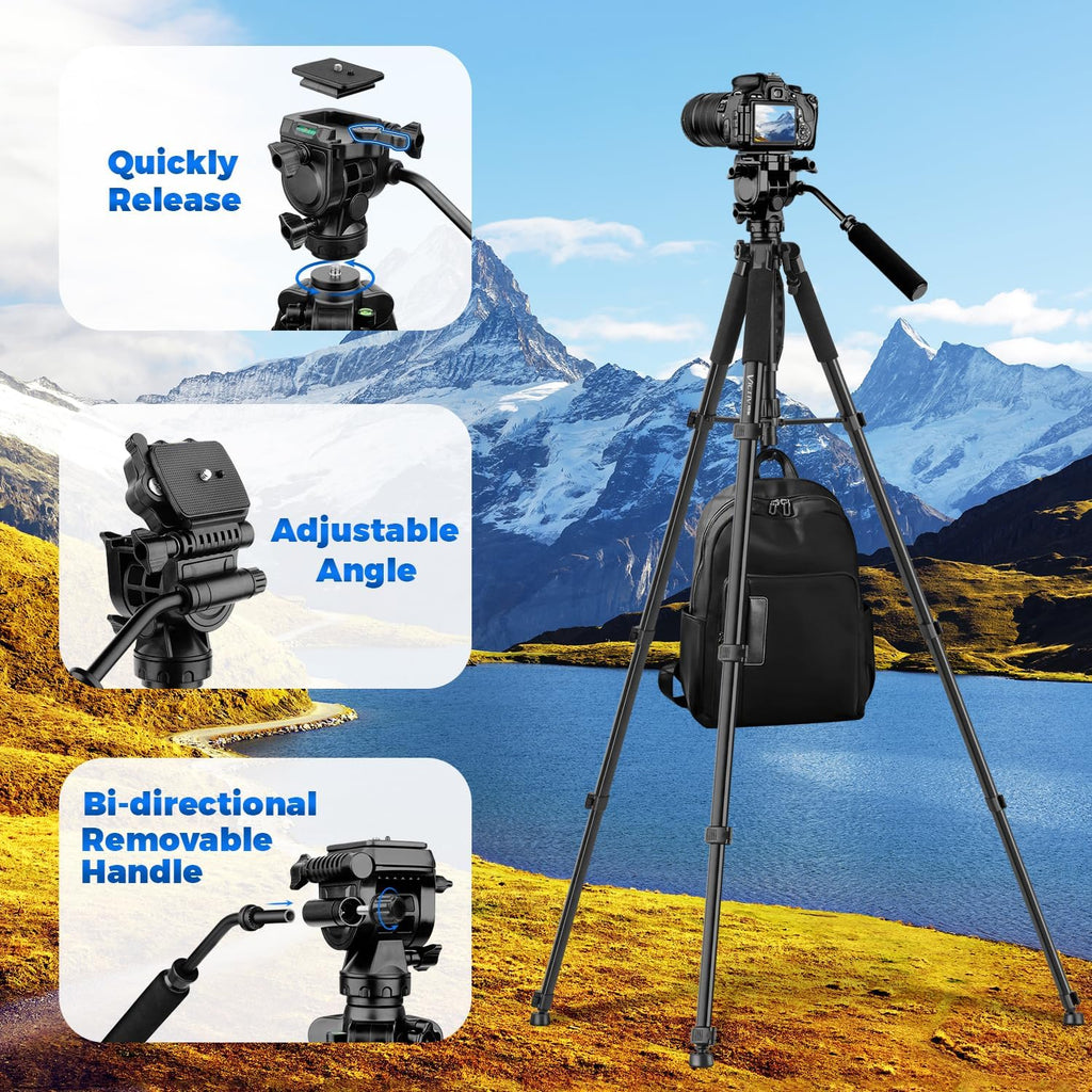 VICTIV 75” Camera Tripod, Tripod for Video Camera with Carry Bag, Black