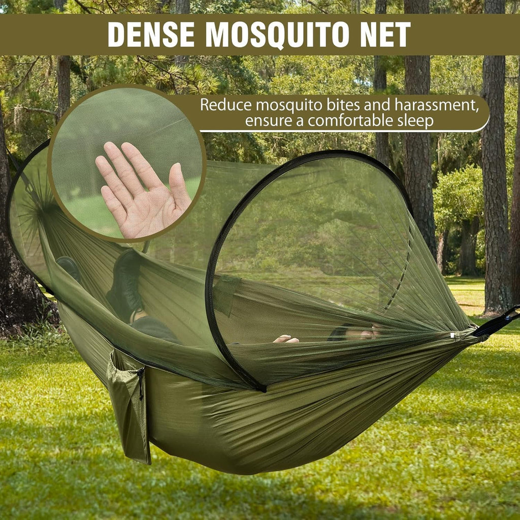 Camping Hammock with Mosquito Net, Lightweight Portable Double & Single Hammock Tent with 2 Tree Straps, Parachute Nylon Hammock for Outdoor Backpacking Beach Backyard Patio Hiking, Arm Green