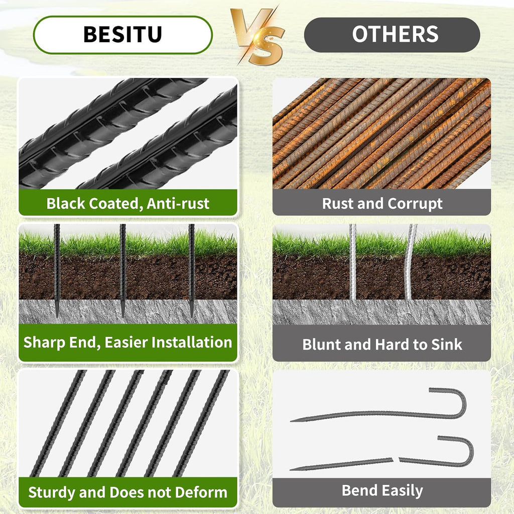 Besitu 24 inches J Hook Rebar Stakes (16-Pack), Extra Long Garden Stakes with Chisel Point End Steel Rebar Ground Stakes for Tent Chain Link Fence and Outdoor Decorations Black Coated