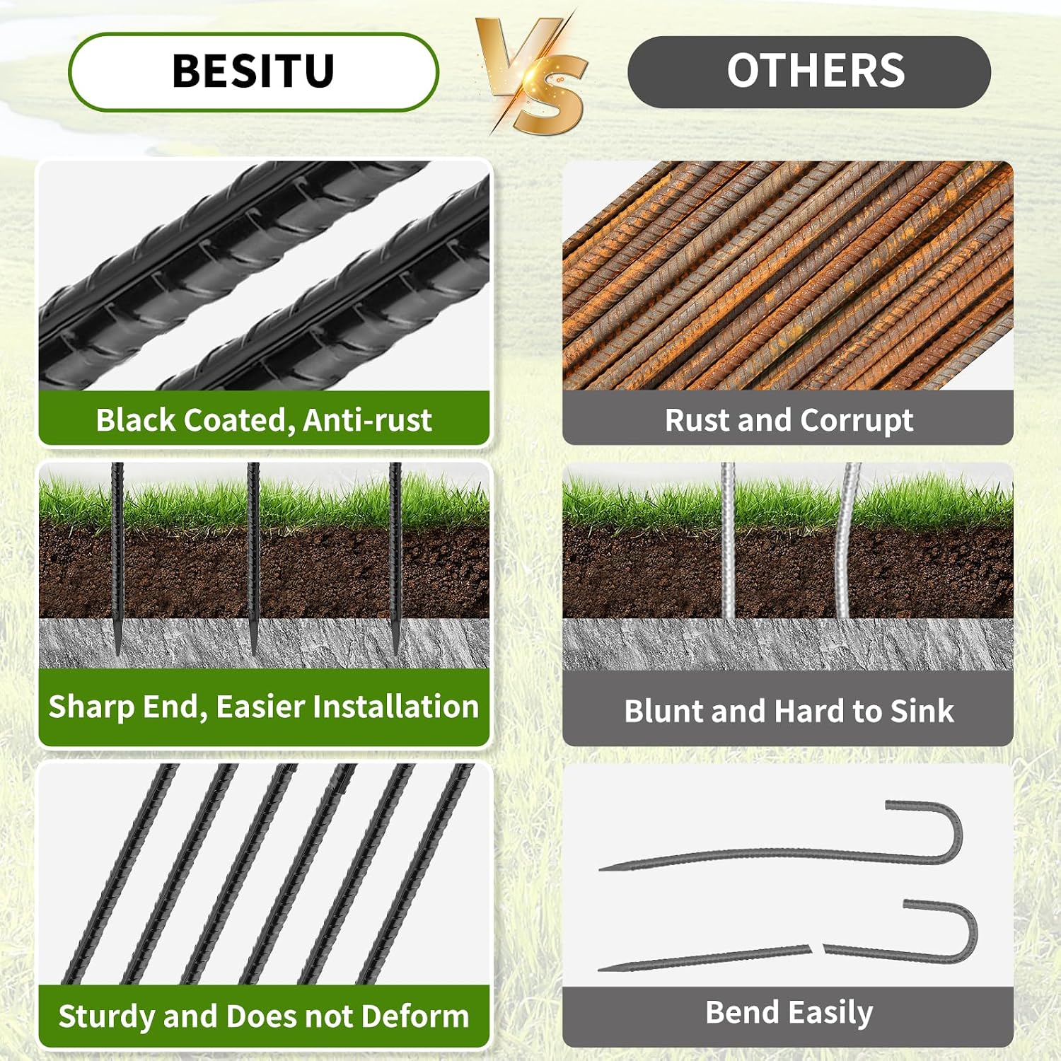 Besitu 24 inches J Hook Rebar Stakes (16-Pack), Extra Long Garden Stakes with Chisel Point End Steel Rebar Ground Stakes for Tent Chain Link Fence and Outdoor Decorations Black Coated