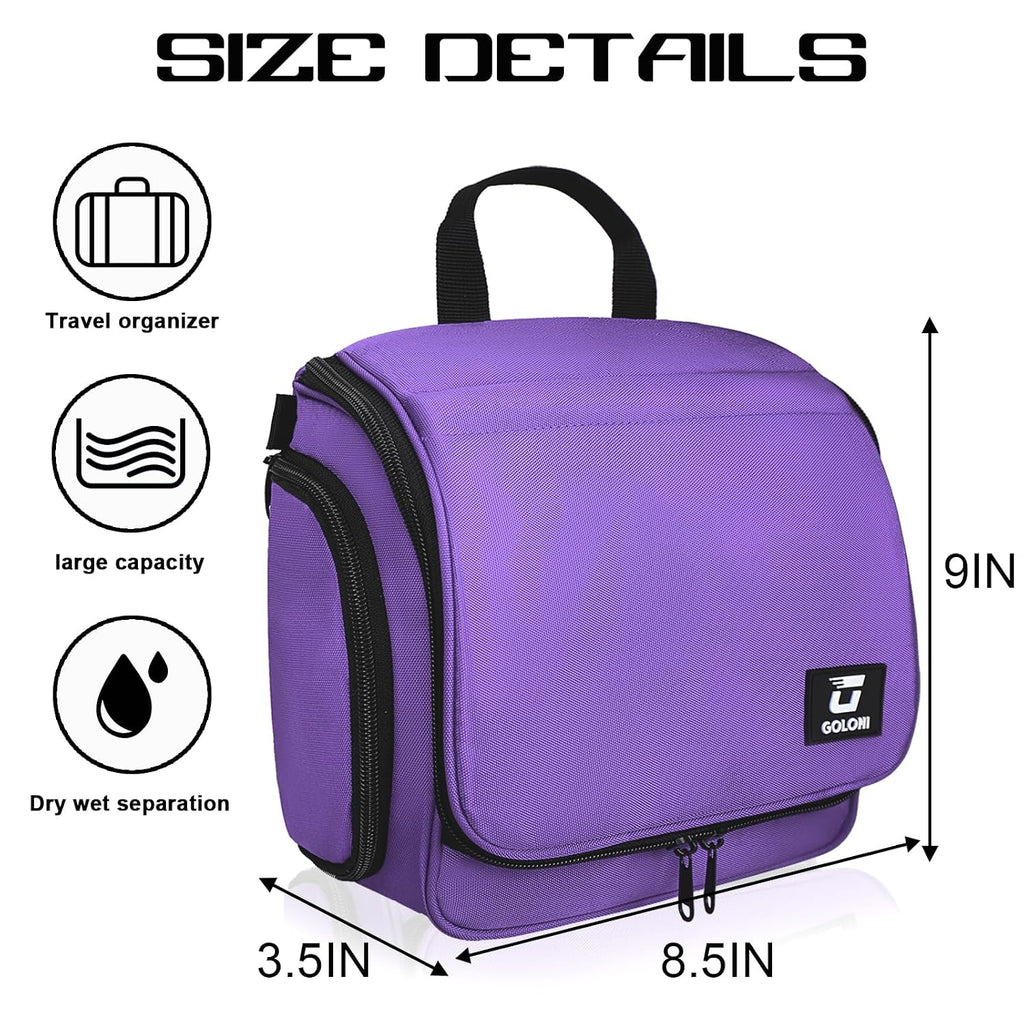 Goloni Hanging Toiletry Bag for Men Women, Water-Resistant Organizer,Purple