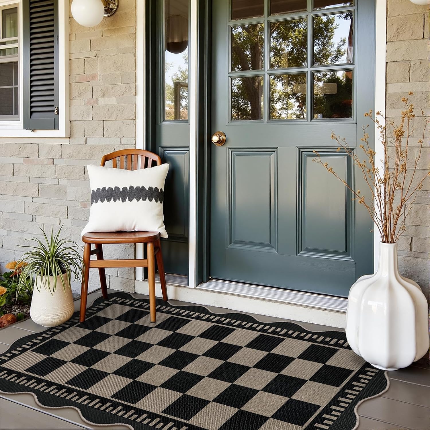 Checkered Easy Jute 3x5 Outdoor Patio Rug, Washable Rugs for Entryway Indoor Outdoor Area Rug Black Kitchen Rugs, Non-Slip Farmhouse Neutral Rug for Balcony Backyard