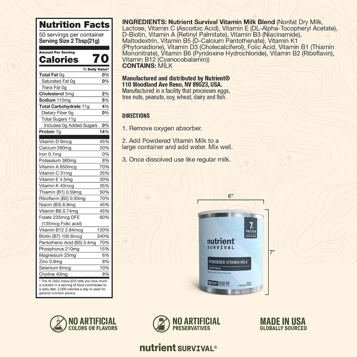 Nutrient Survival Vitamin Powdered Milk, Freeze Dried Prepper Supplies & Emergency Food Supply, 21 Essential Nutrients, Soy & Gluten Free, Shelf Stable Up to 25 Years, One Can, 50 Servings