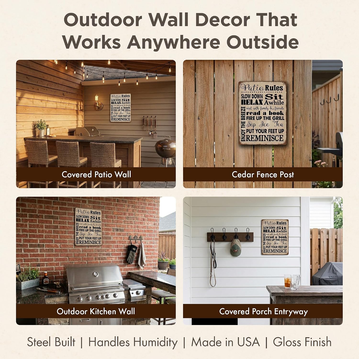 Homebody Accents Patio Rules Sign - Rustic Steel Porch Wall Decor, Outdoor Sign for Back Patio, Deck and Screened Porch, Positive Thinking Home Gift, Made in USA - 12"x16"